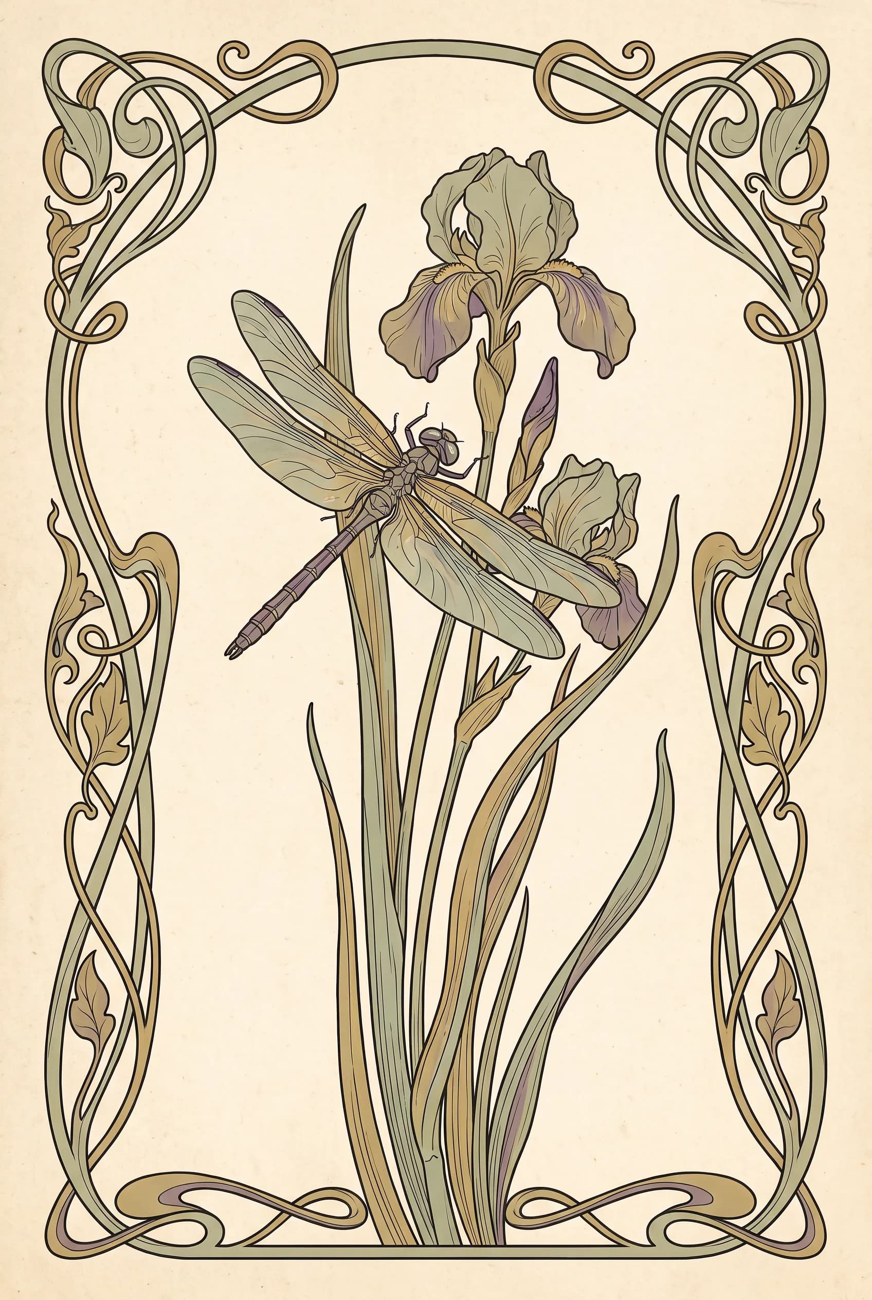 Art nouveau color lithograph poster of a dragonfly resting on tall iris stalks