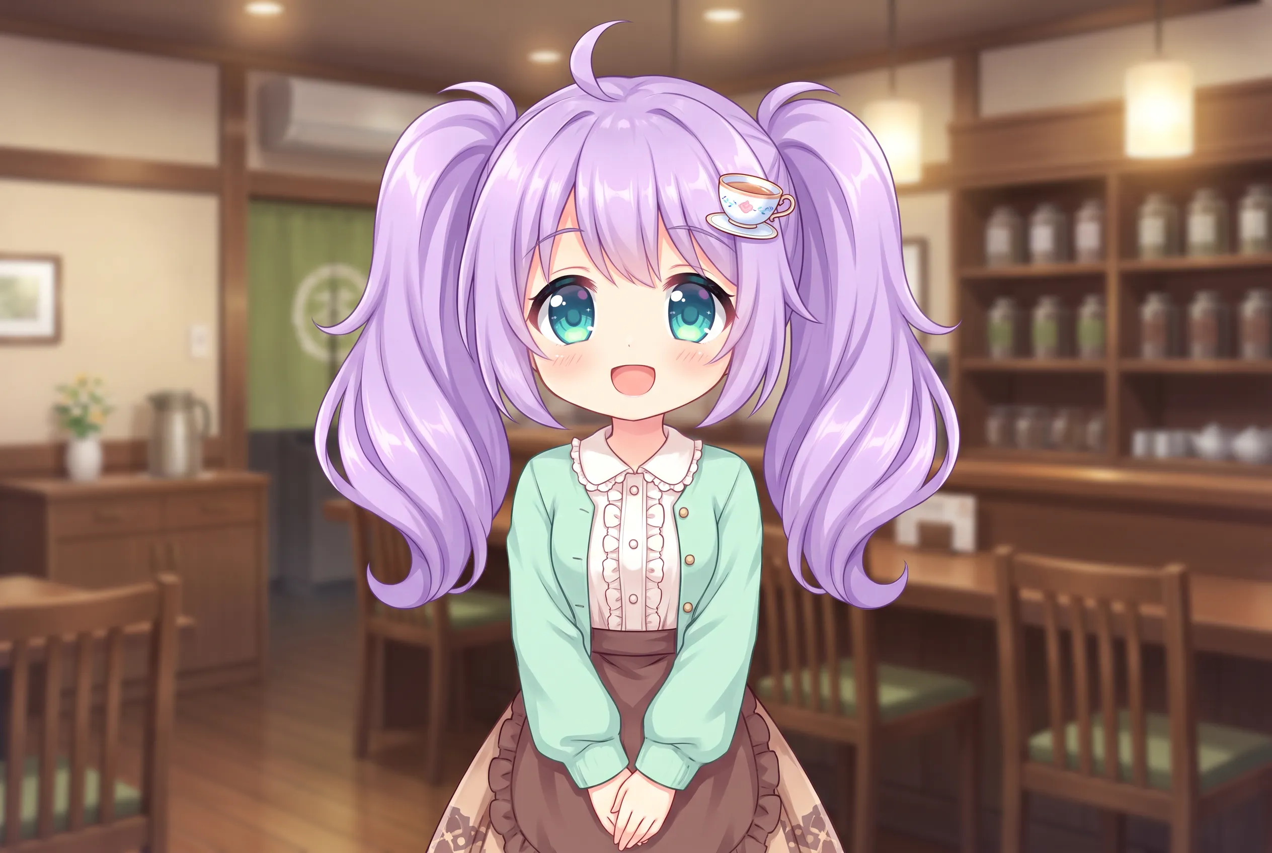 Visual novel character sprite of an original tea-shop mascot in moe art style
