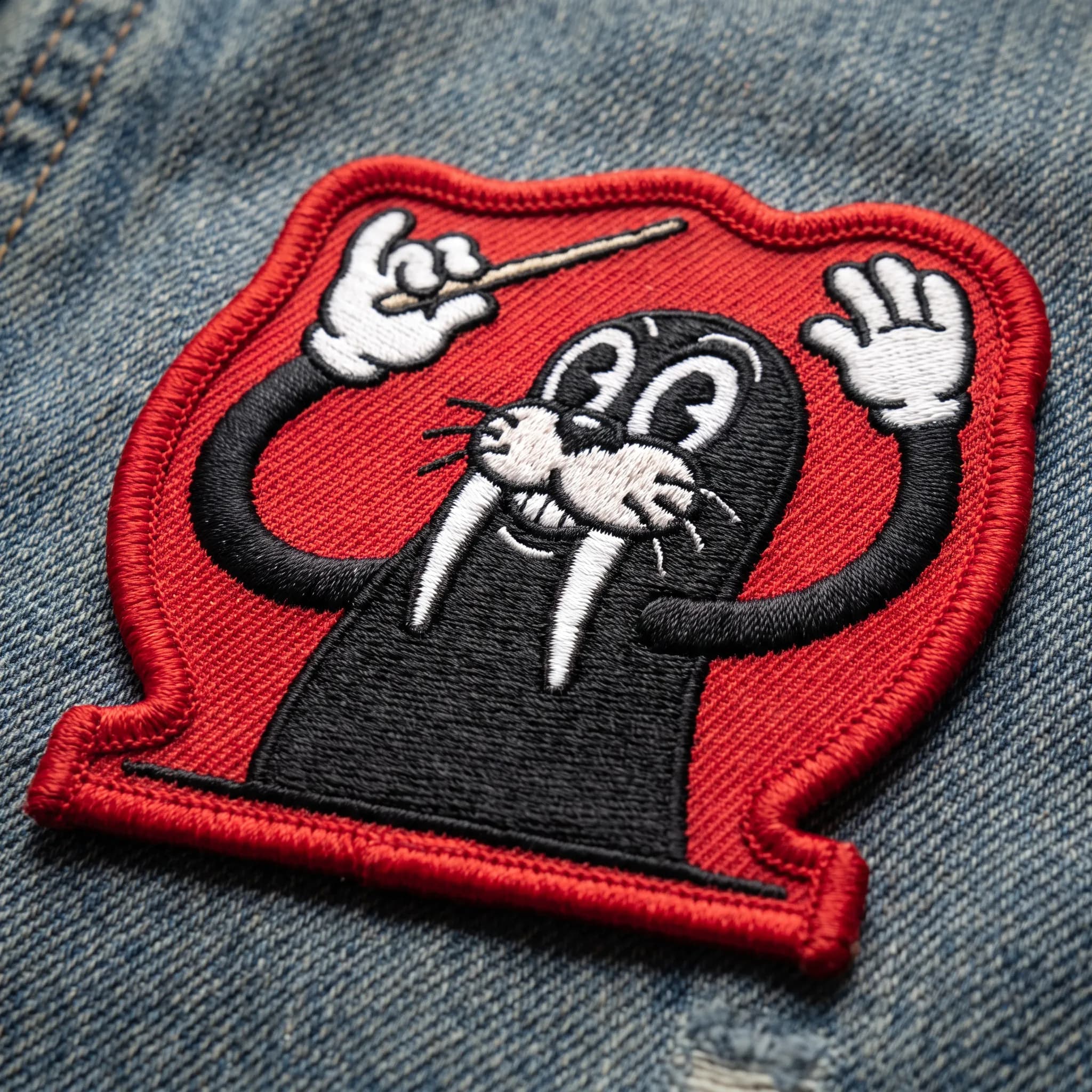 Embroidered patch of a grinning walrus bandleader in rubber hose art style
