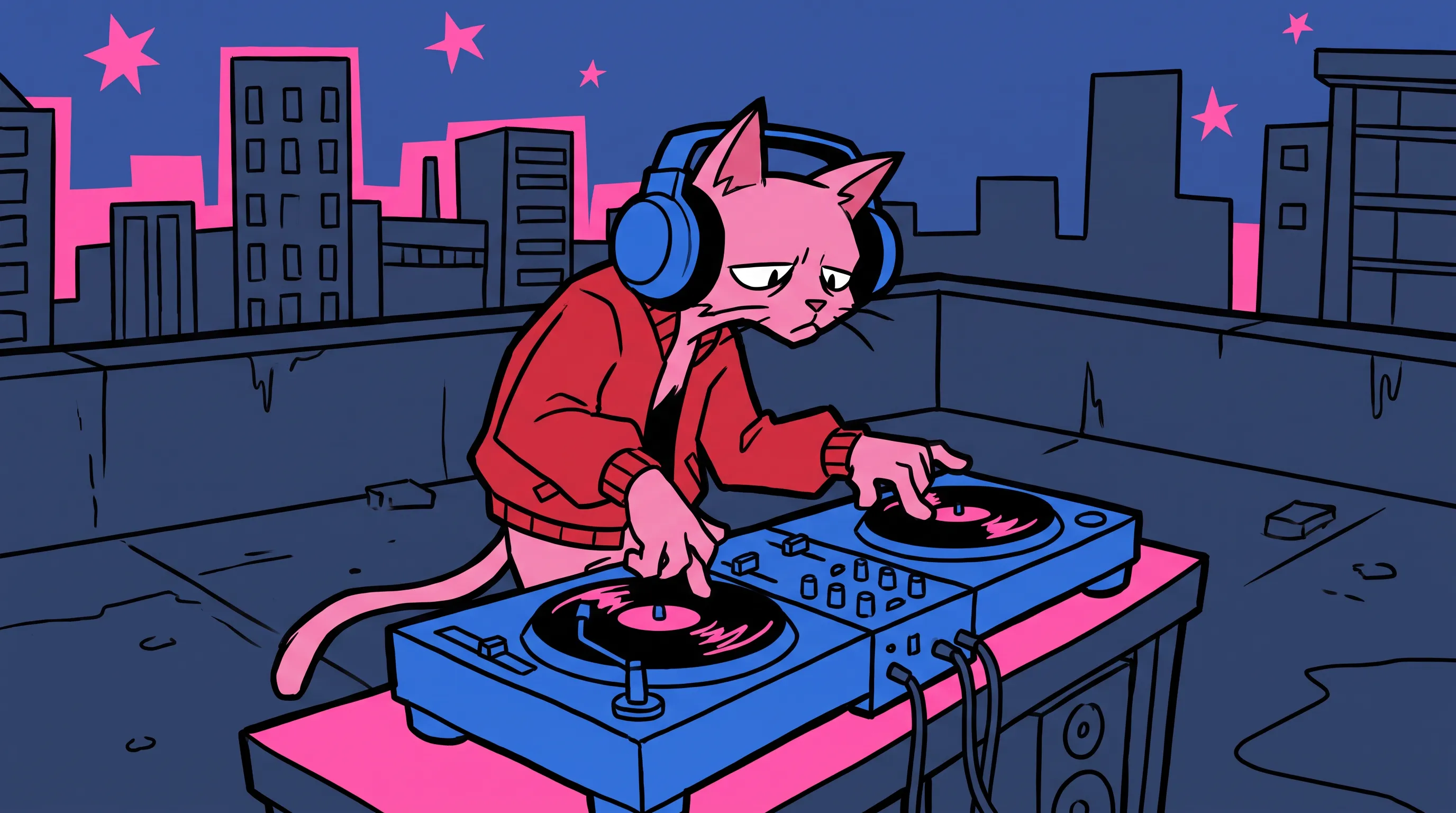 Lanky alley cat DJ spinning records on a rooftop at night, Panty and Stocking art style