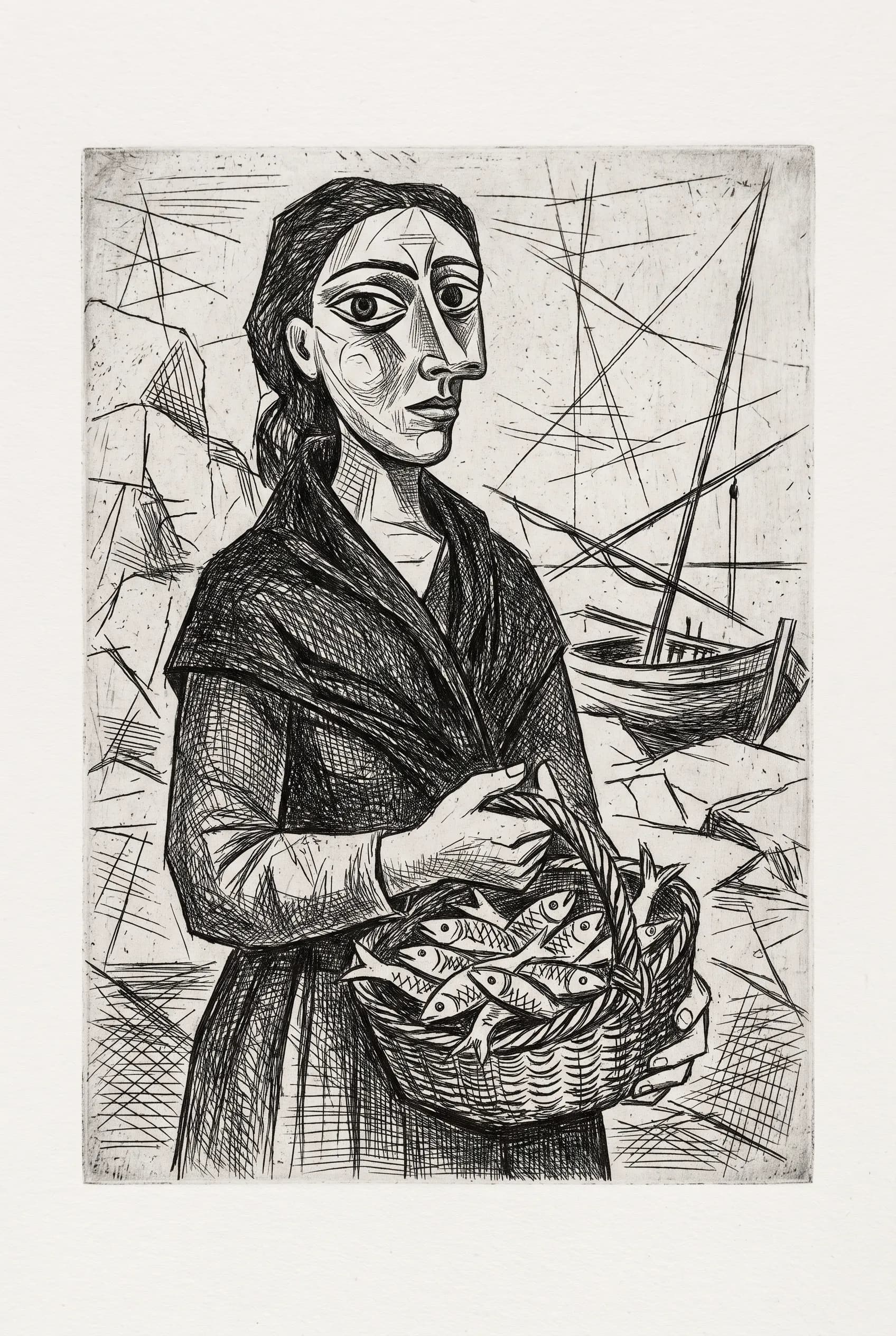 Black and white etching of a fisherwoman with a basket of sardines