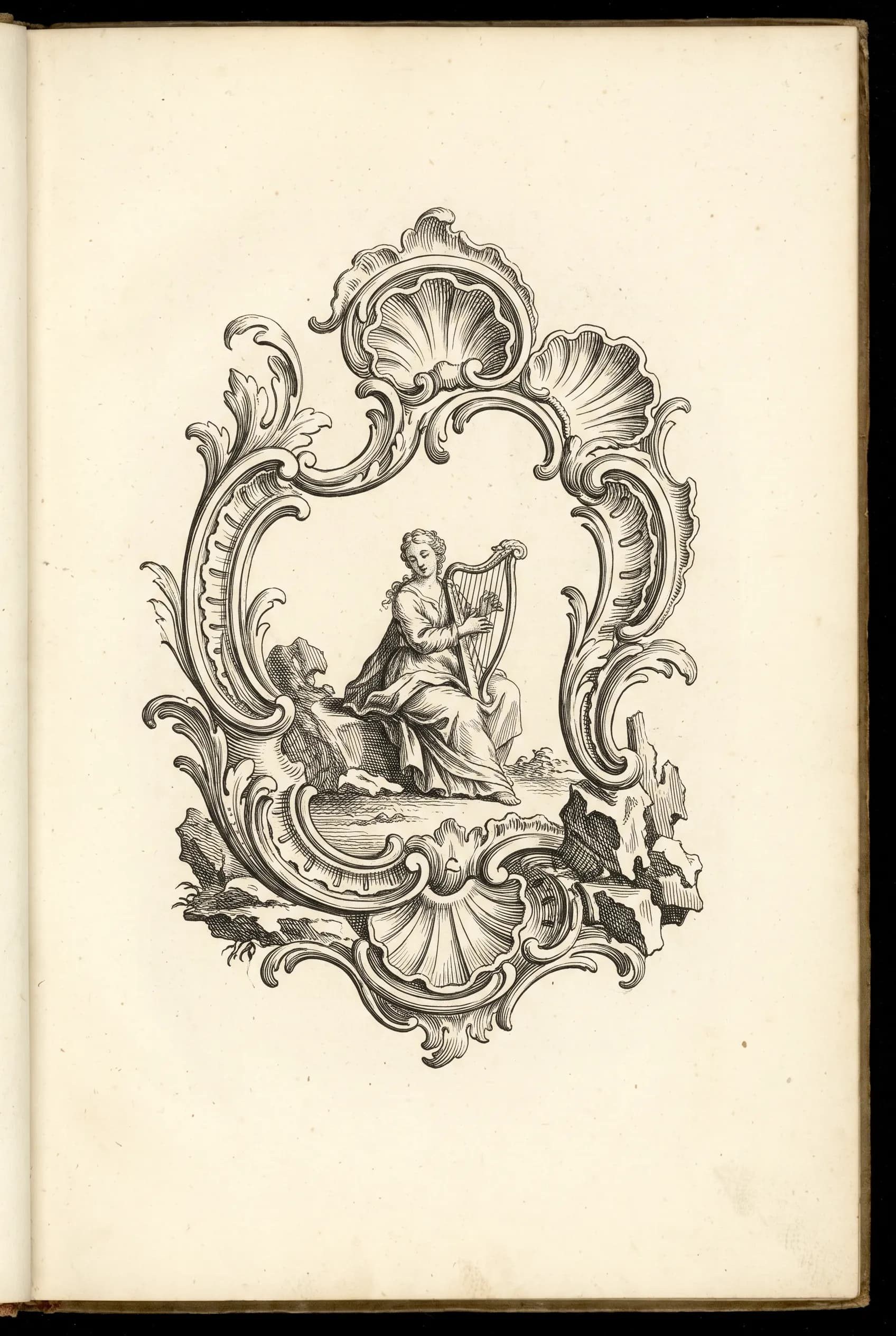 Engraved ornament print of a harpist inside asymmetrical scrollwork, rococo art style