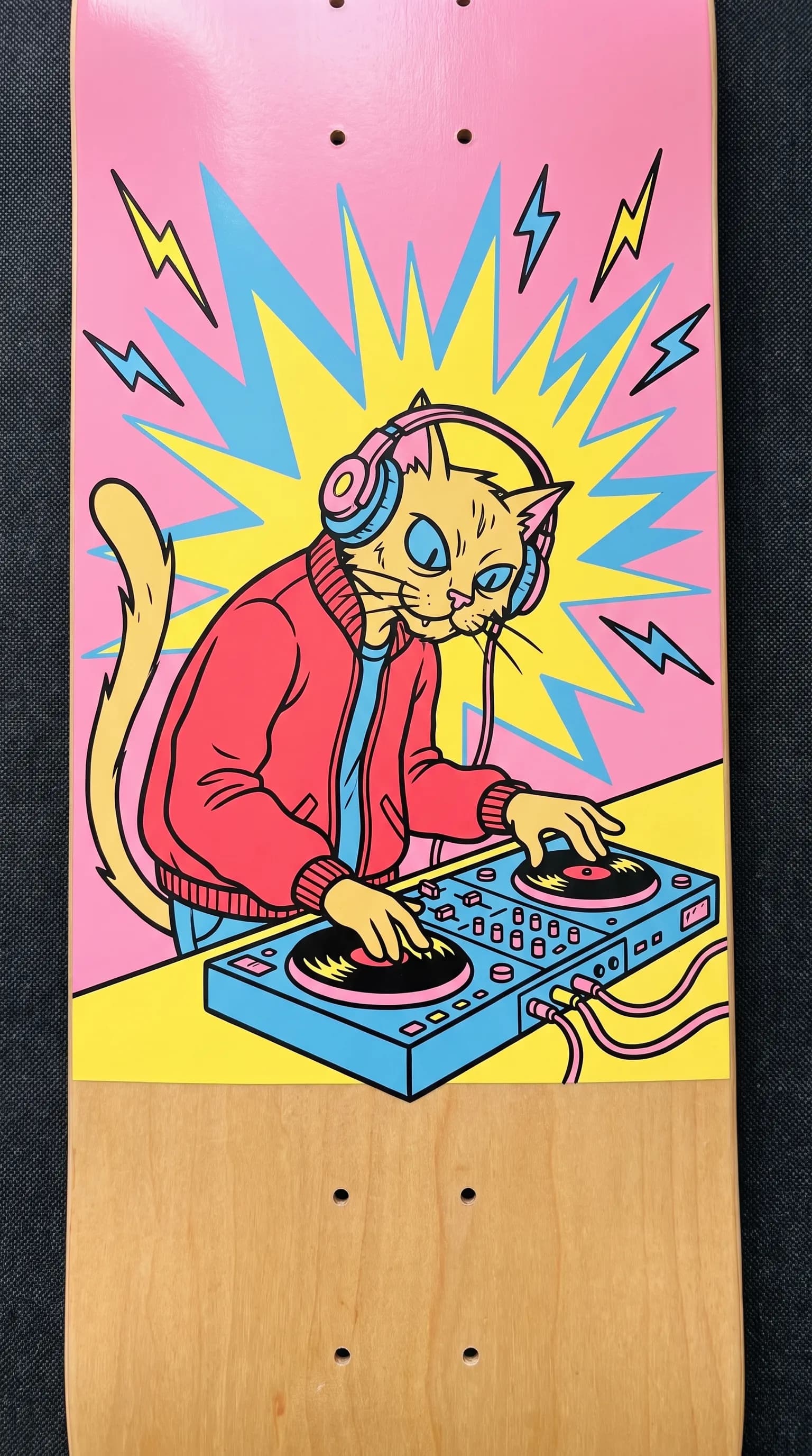 Skateboard deck graphic of a lanky alley cat DJ with starbursts, Panty and Stocking art style