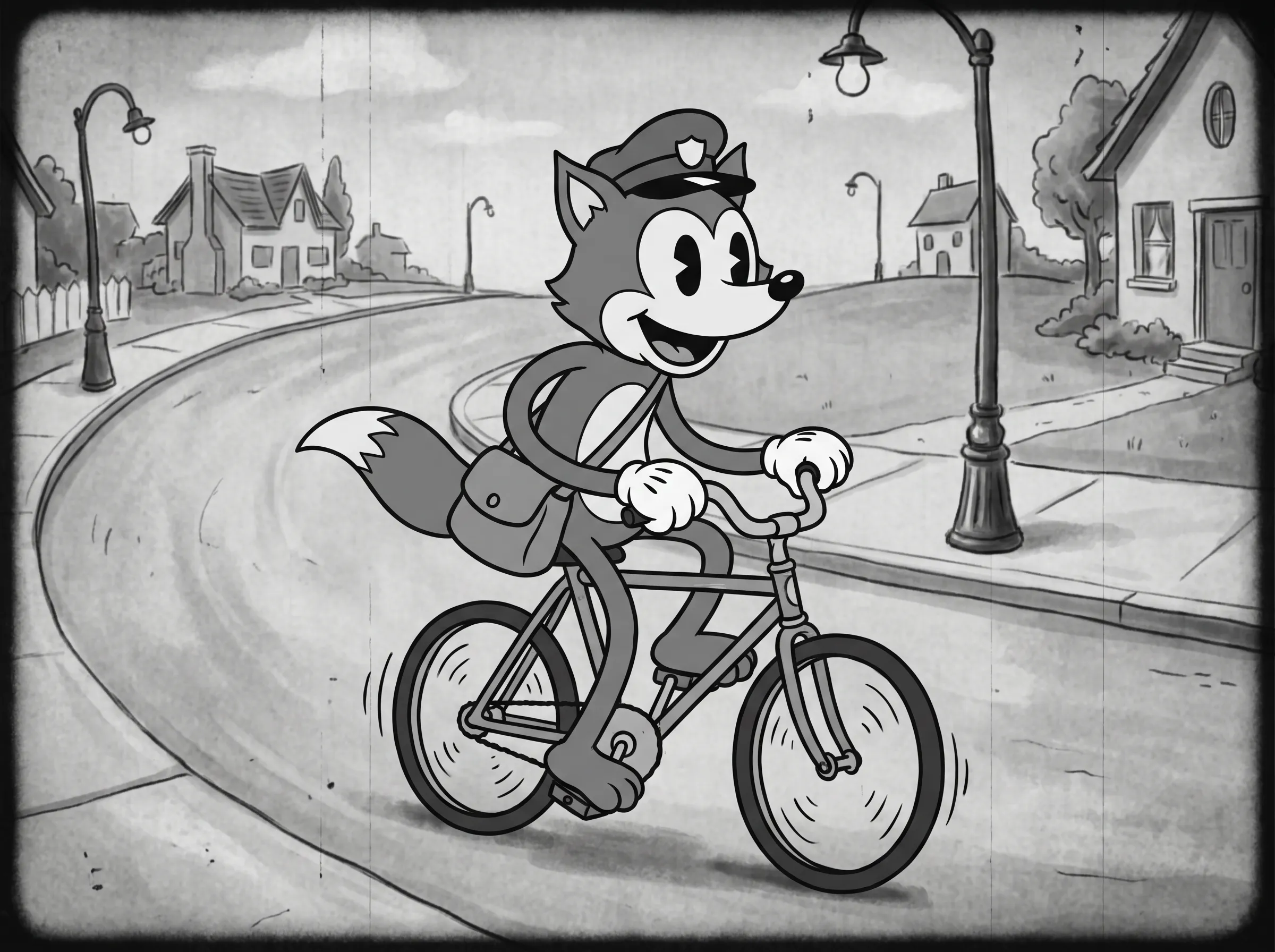 Rubber hose cartoon of a fox mail carrier pedaling a bicycle