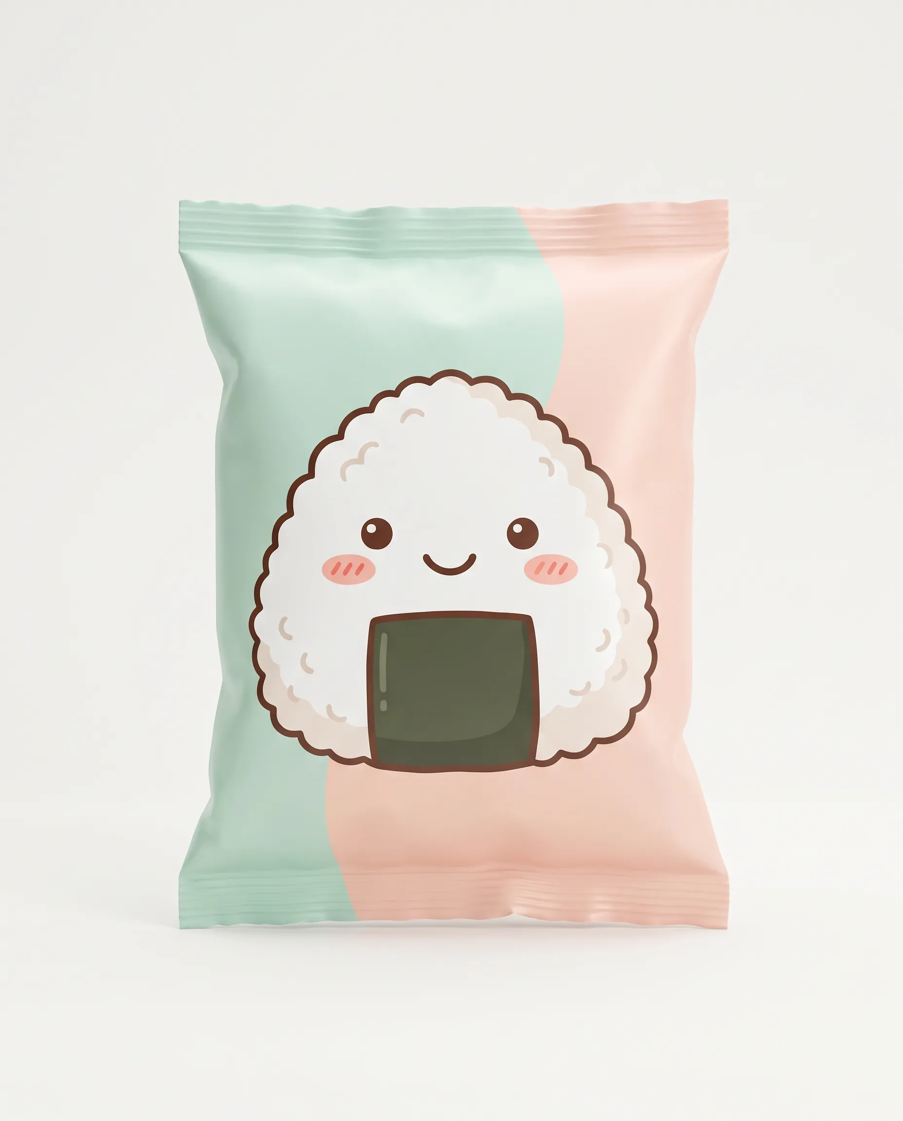 Snack pouch printed with a round onigiri rice ball mascot, kawaii art style packaging