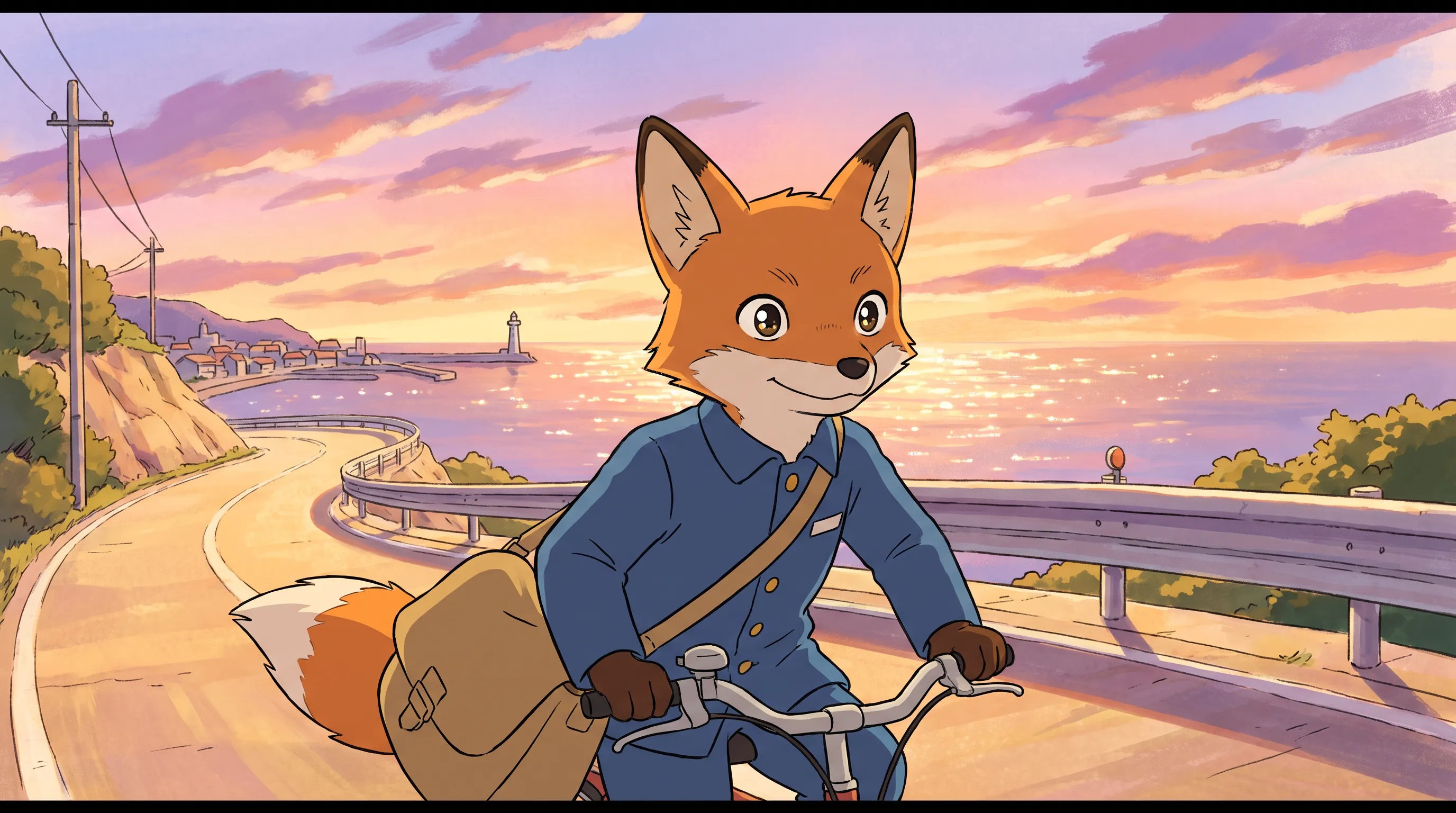 Anime-influenced key frame of a fox mail carrier cycling along a seaside road at golden hour