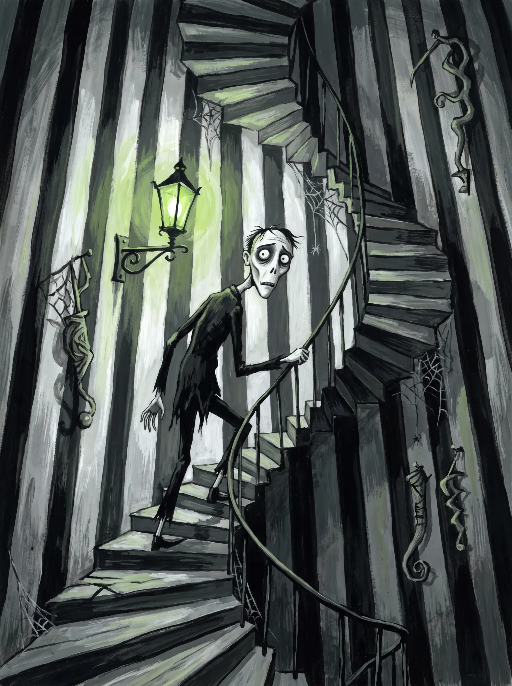 Flat gouache picture book illustration of a lanky lighthouse keeper climbing a spiral staircase inside a crooked tower