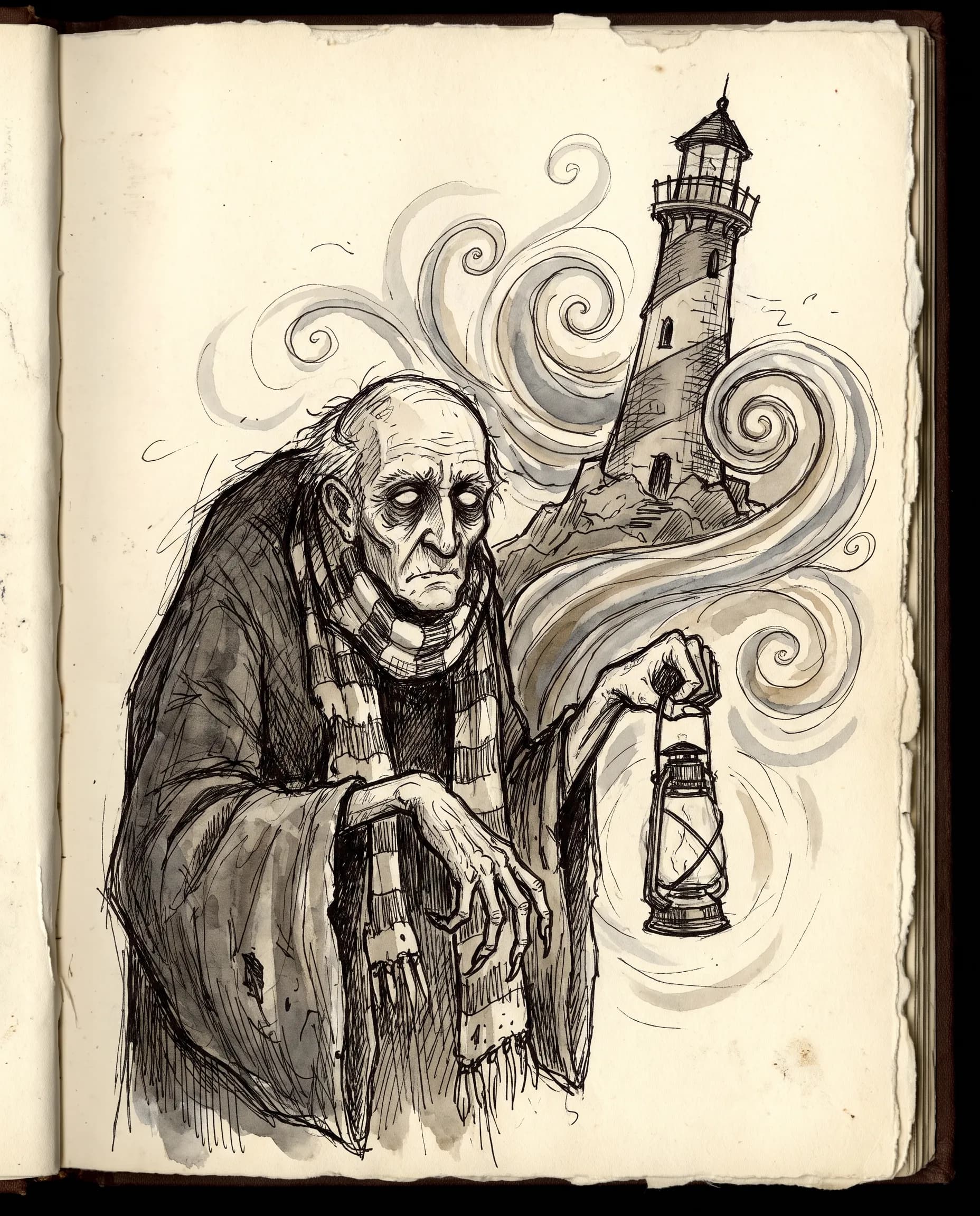 Scratchy pen and ink sketch of a stooped lighthouse keeper with long thin fingers
