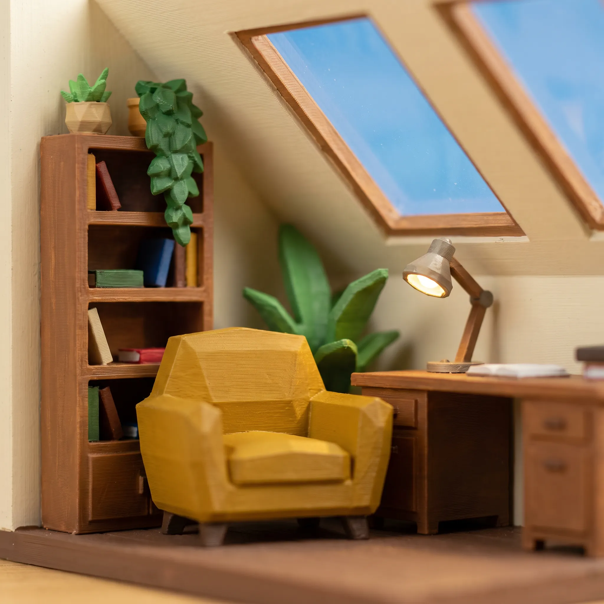 Hand-painted 3D-printed miniature of a cozy attic reading nook, low poly art style