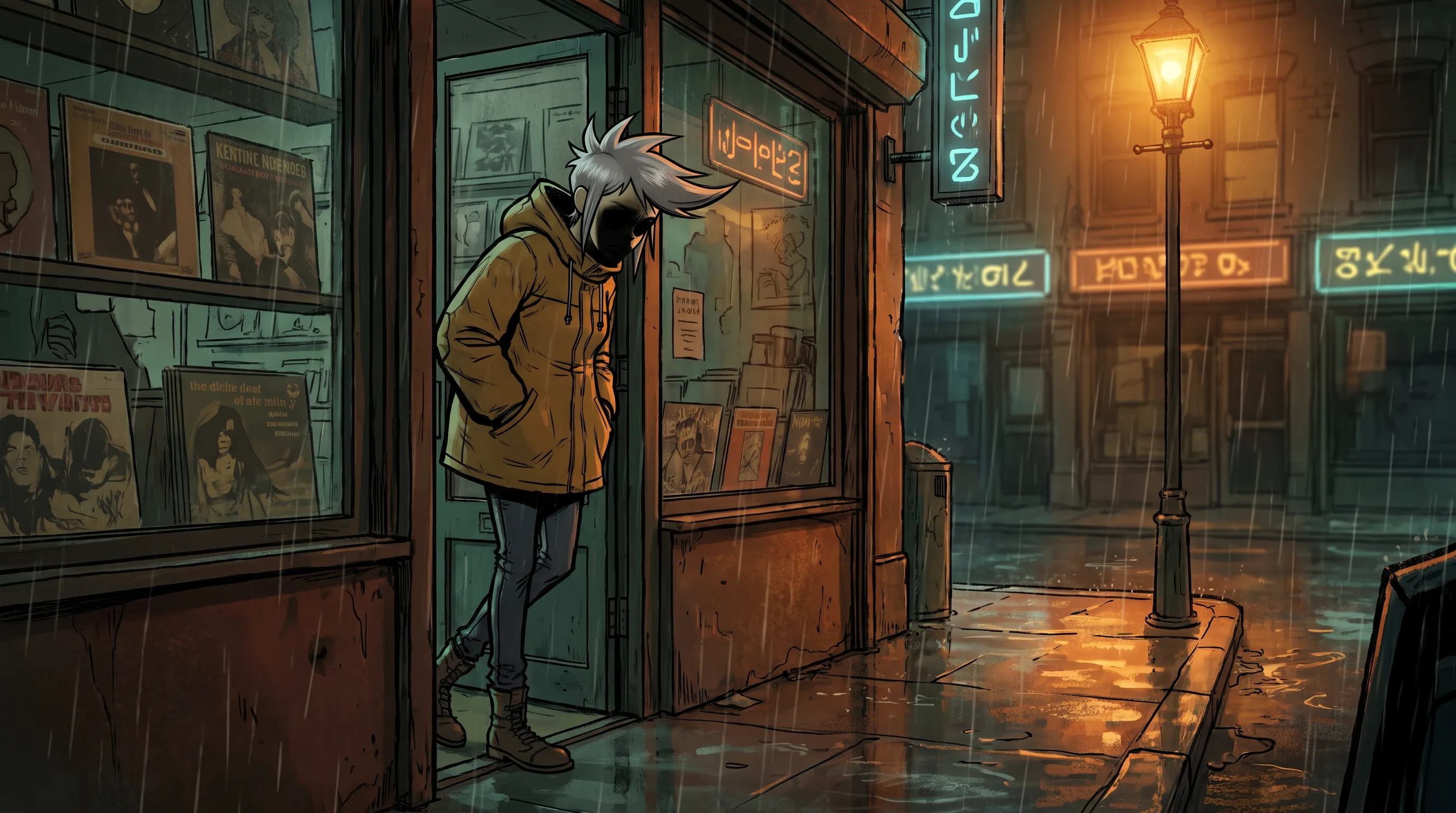 Record-shop owner with a silver quiff slouched in her shop doorway at night, 2D animated music video still in the Gorillaz art style