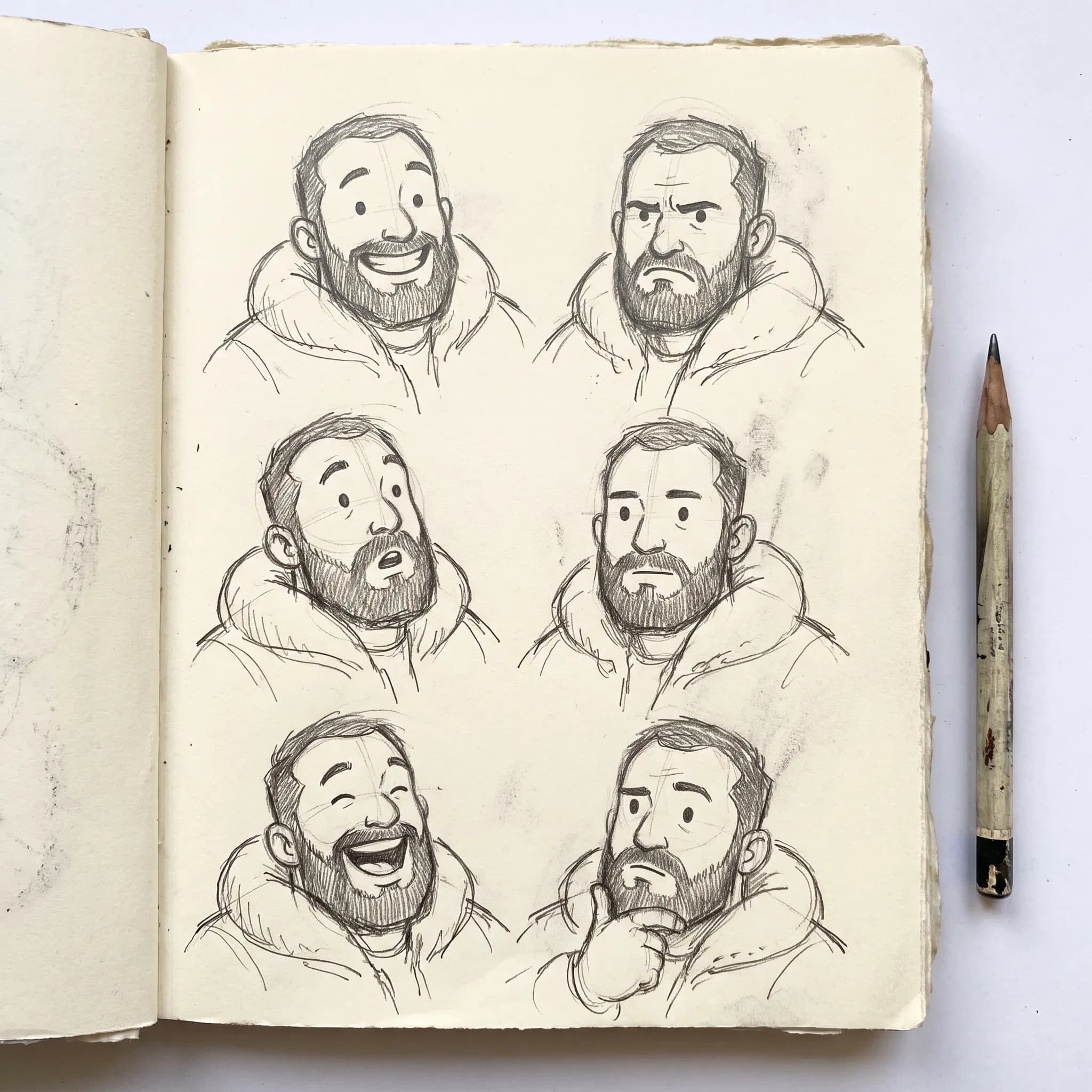 Six pencil head studies of a bearded bookshop clerk, sketchbook expression sheet in the Scott Pilgrim art style