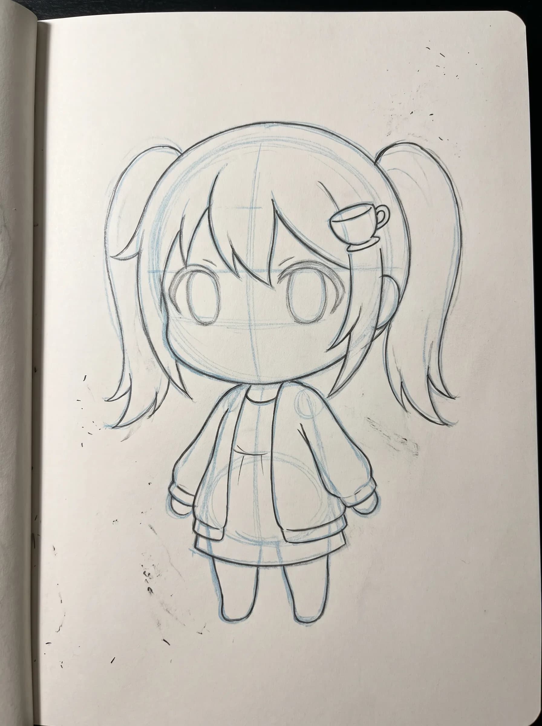 Pencil construction sketch of an original tea-shop mascot in moe art style with lavender twin tails
