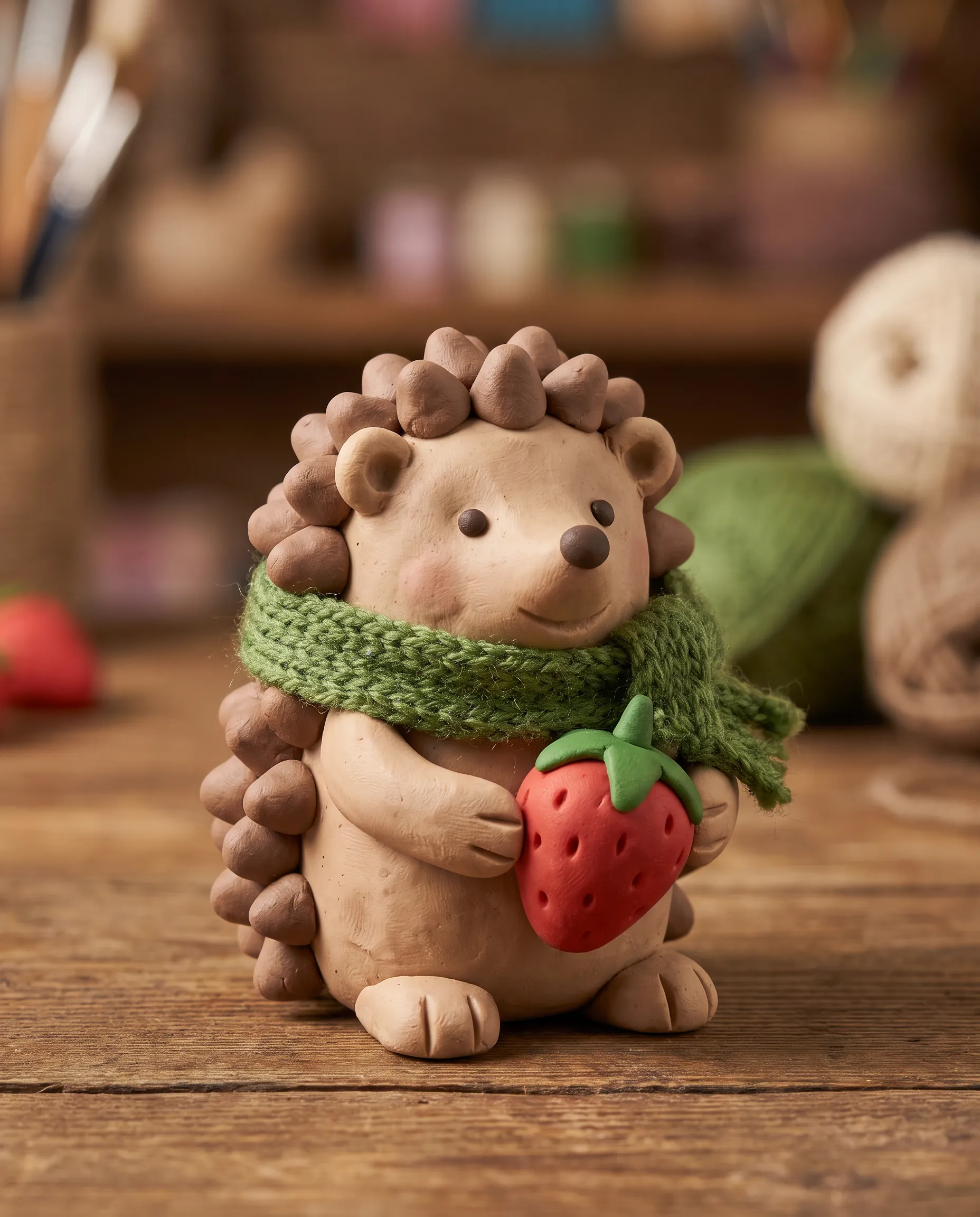 Handmade clay figure of a little hedgehog in a knitted green scarf holding a strawberry