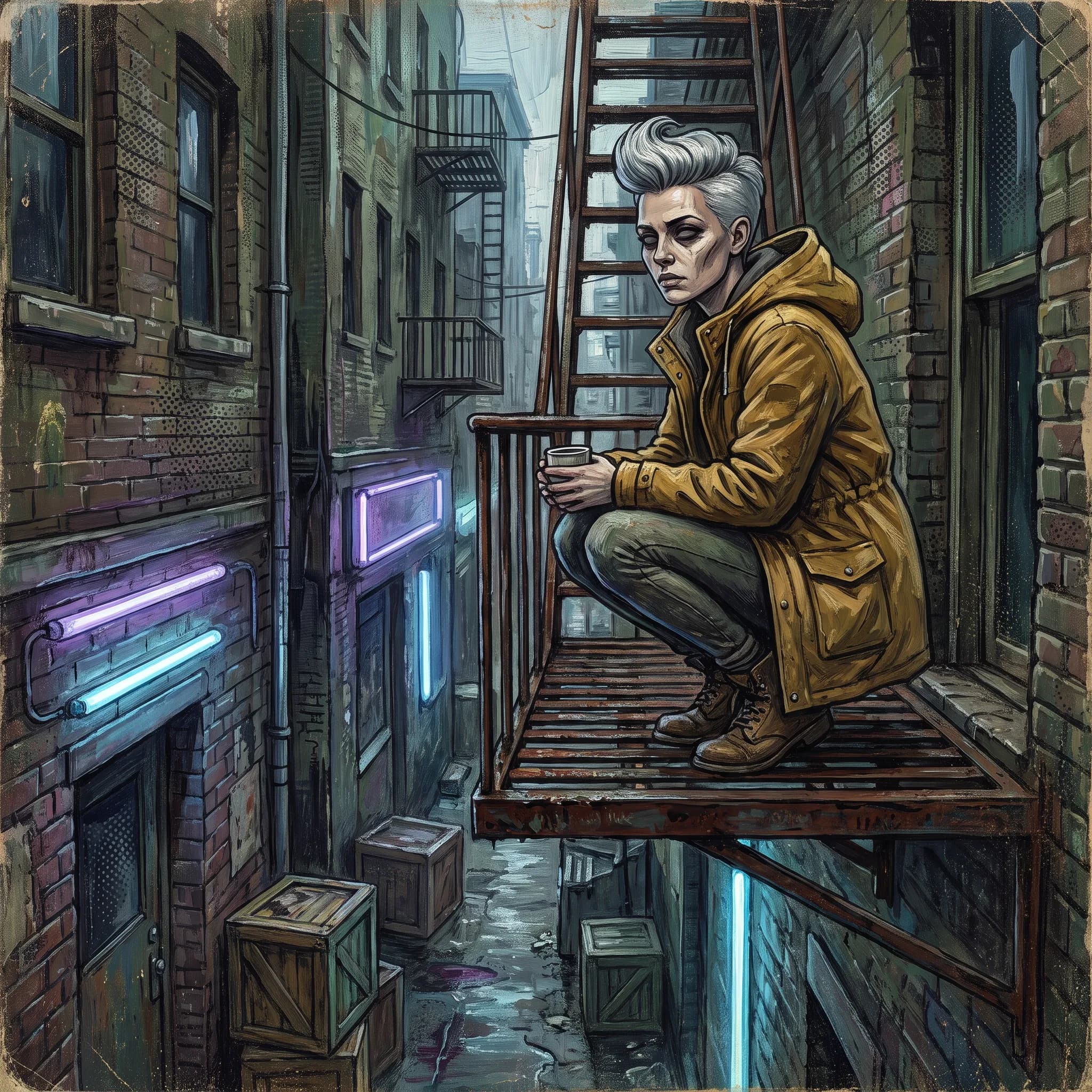 Record-shop owner perched on a fire escape above a neon alley, square record sleeve painting in the Gorillaz art style