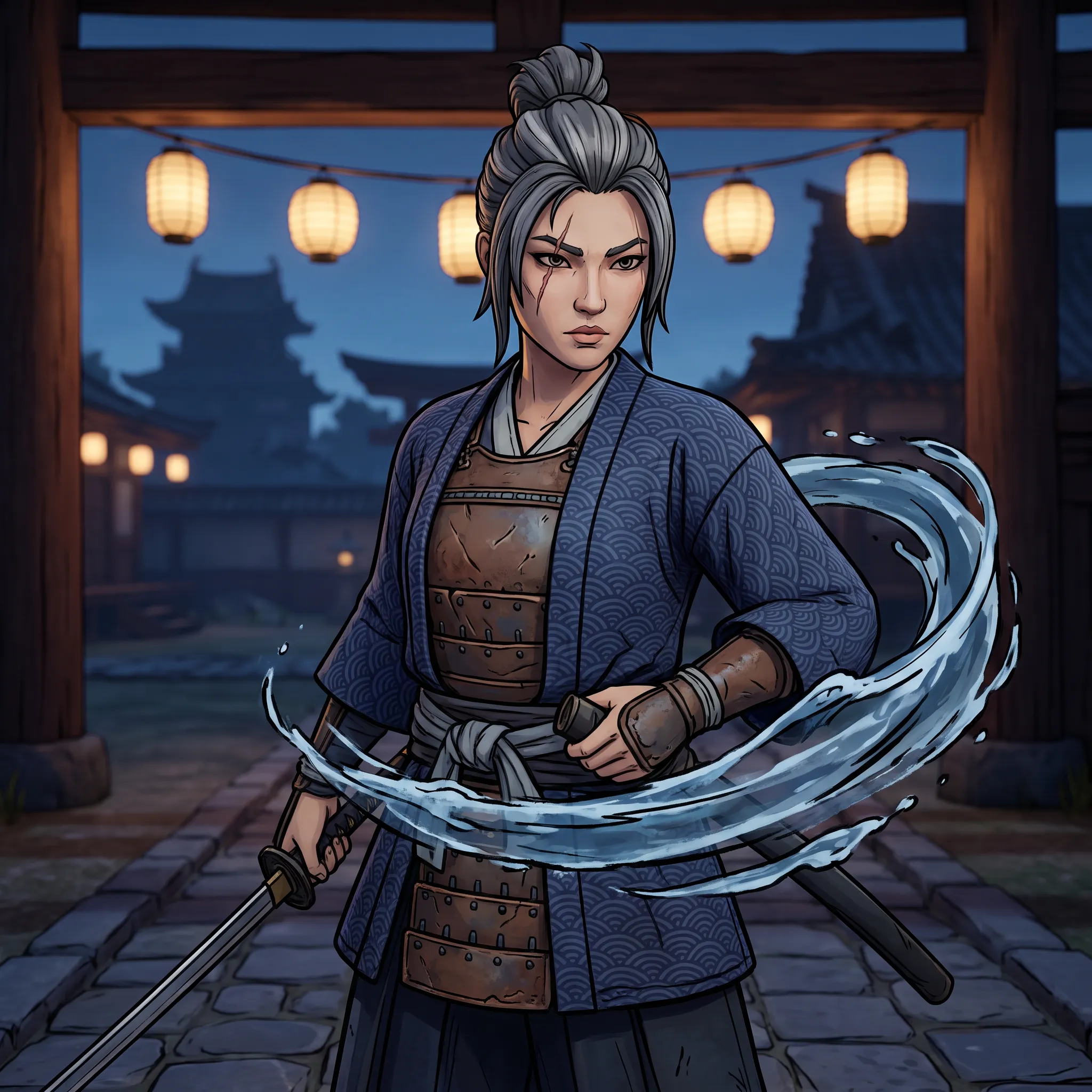 Cel-shaded 3D render of a swordswoman in her forties with water wrapping her arm, Demon Slayer art style