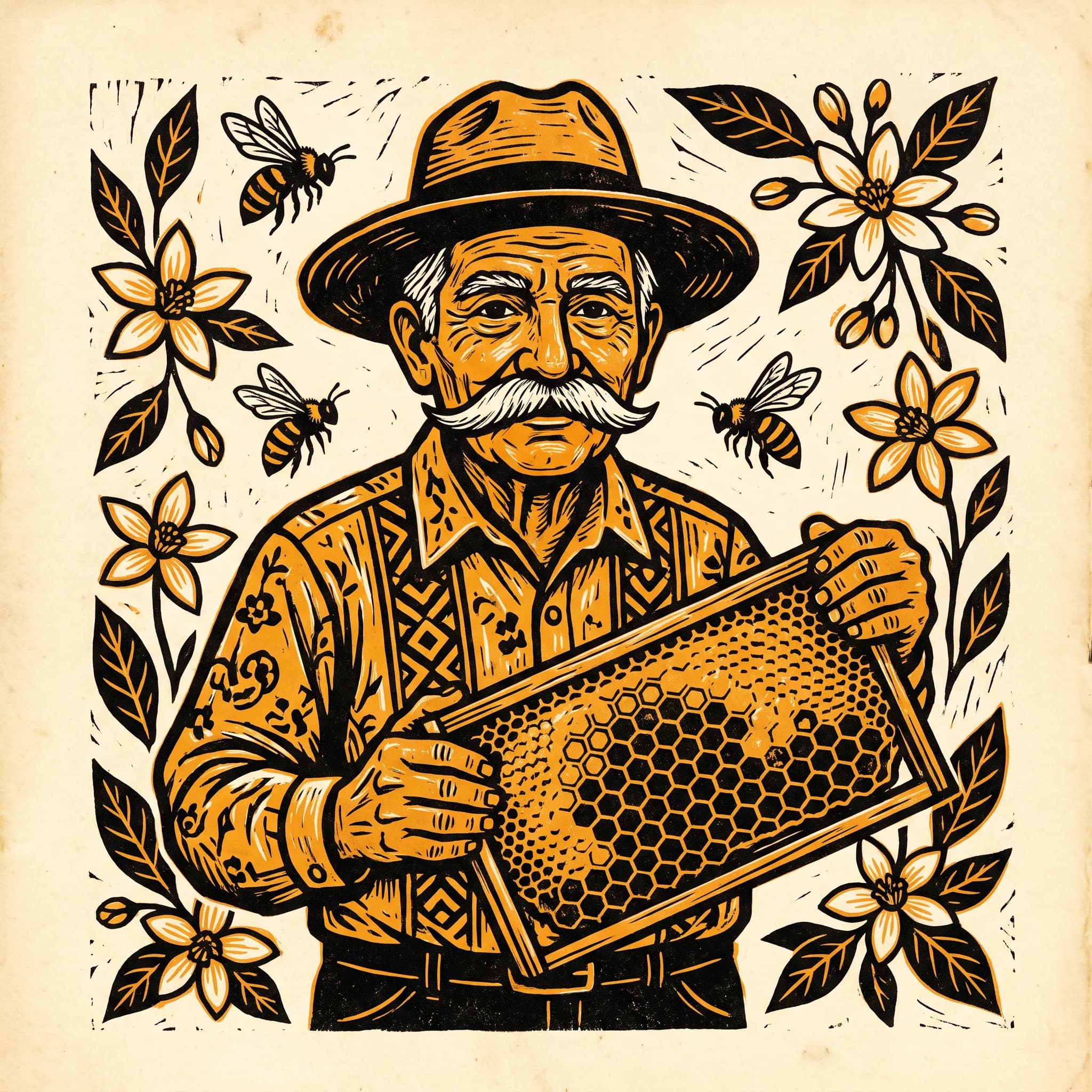 Two-color linocut of an elderly beekeeper holding a honeycomb, Frida Kahlo art style