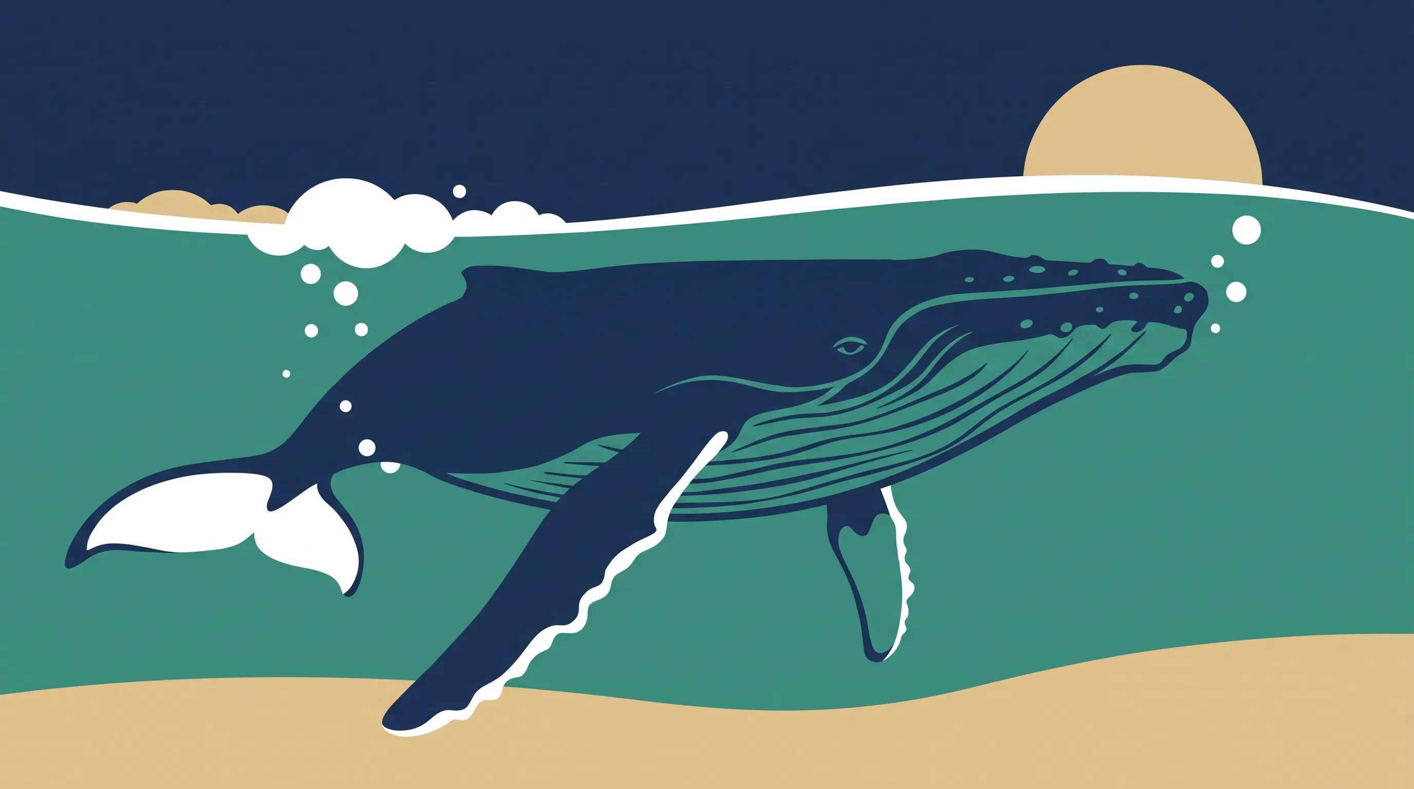 Humpback whale gliding through open water, flat color art style