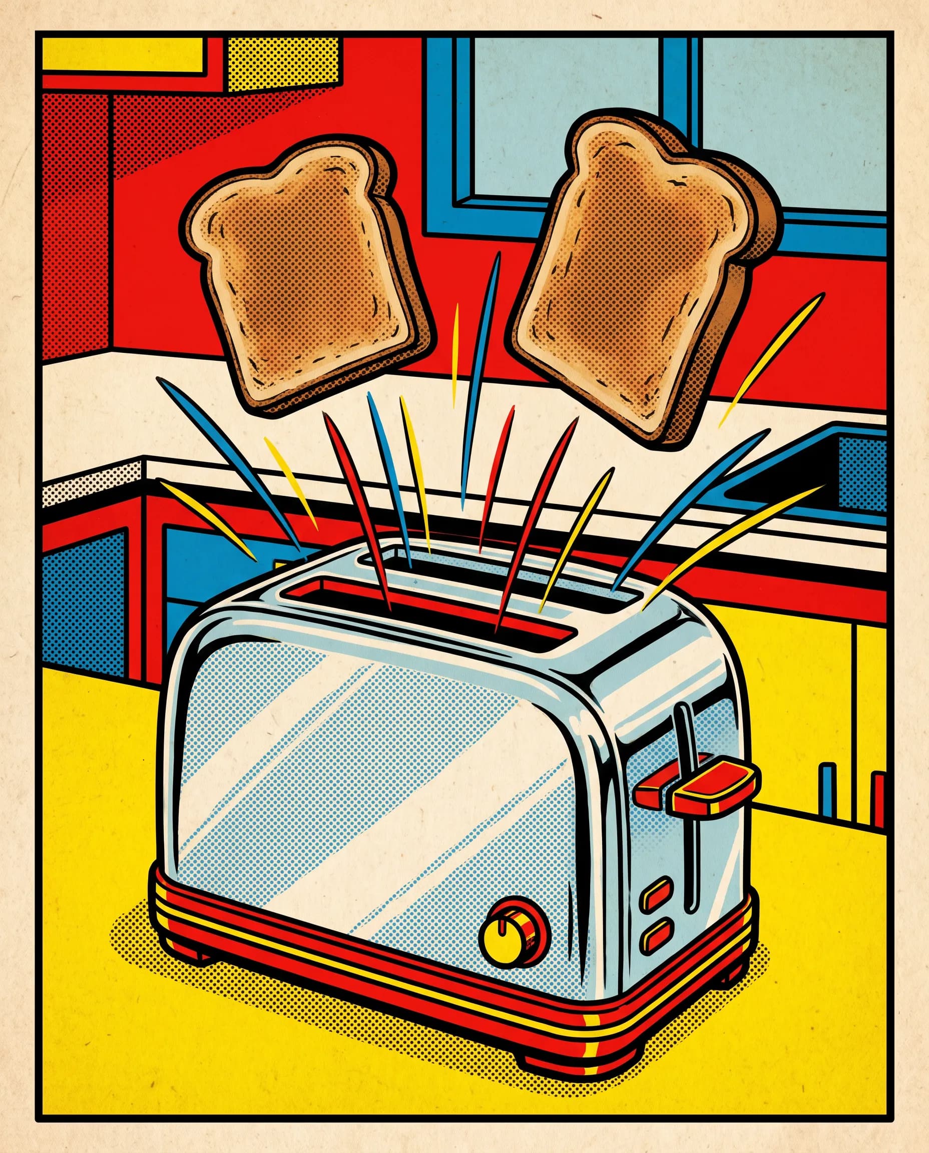 Comic book panel of a chrome toaster launching two slices of toast into the air