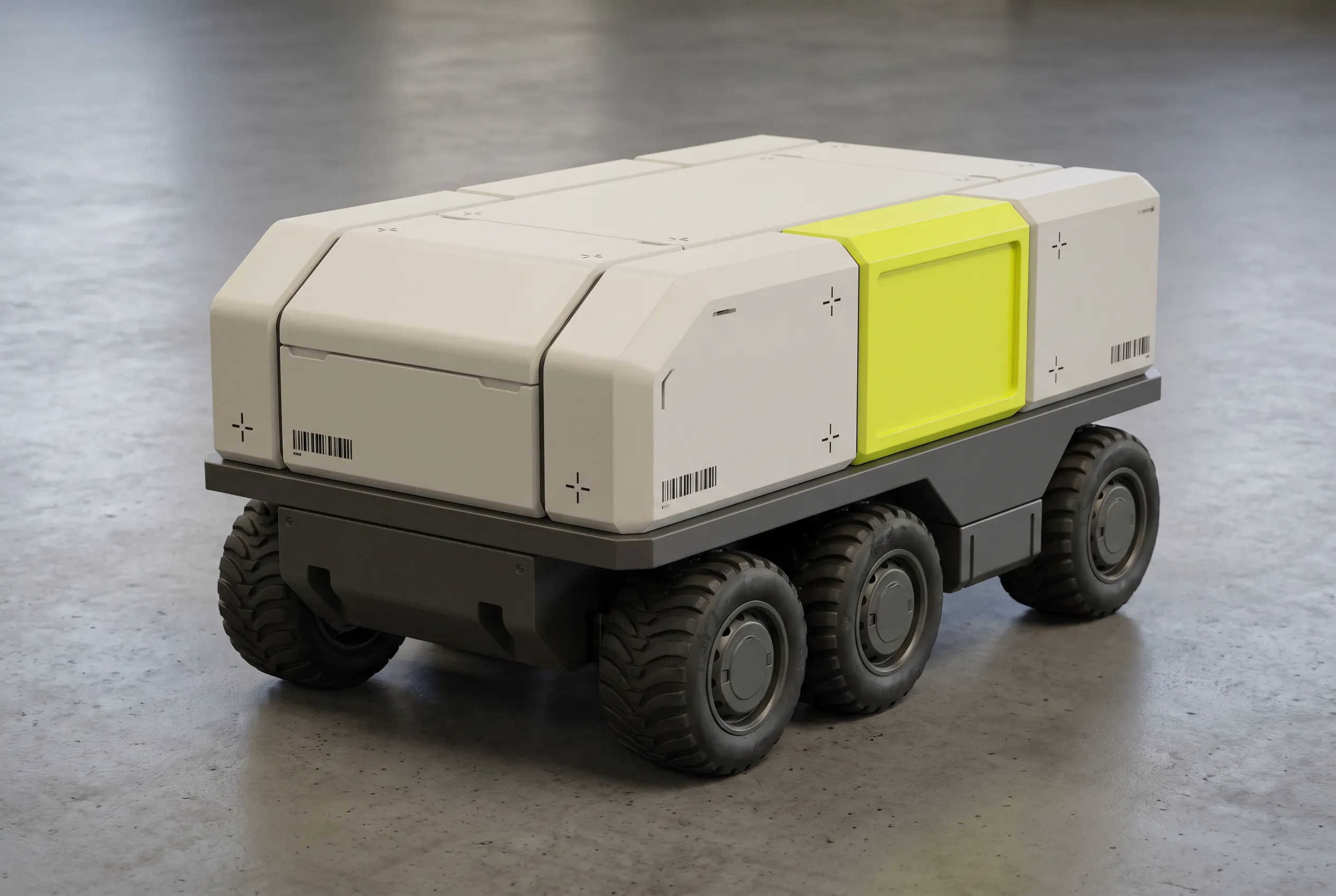 Squat six-wheeled cargo tug with bone-white panels and one acid-yellow side panel, hard-surface 3D render in Marathon art style