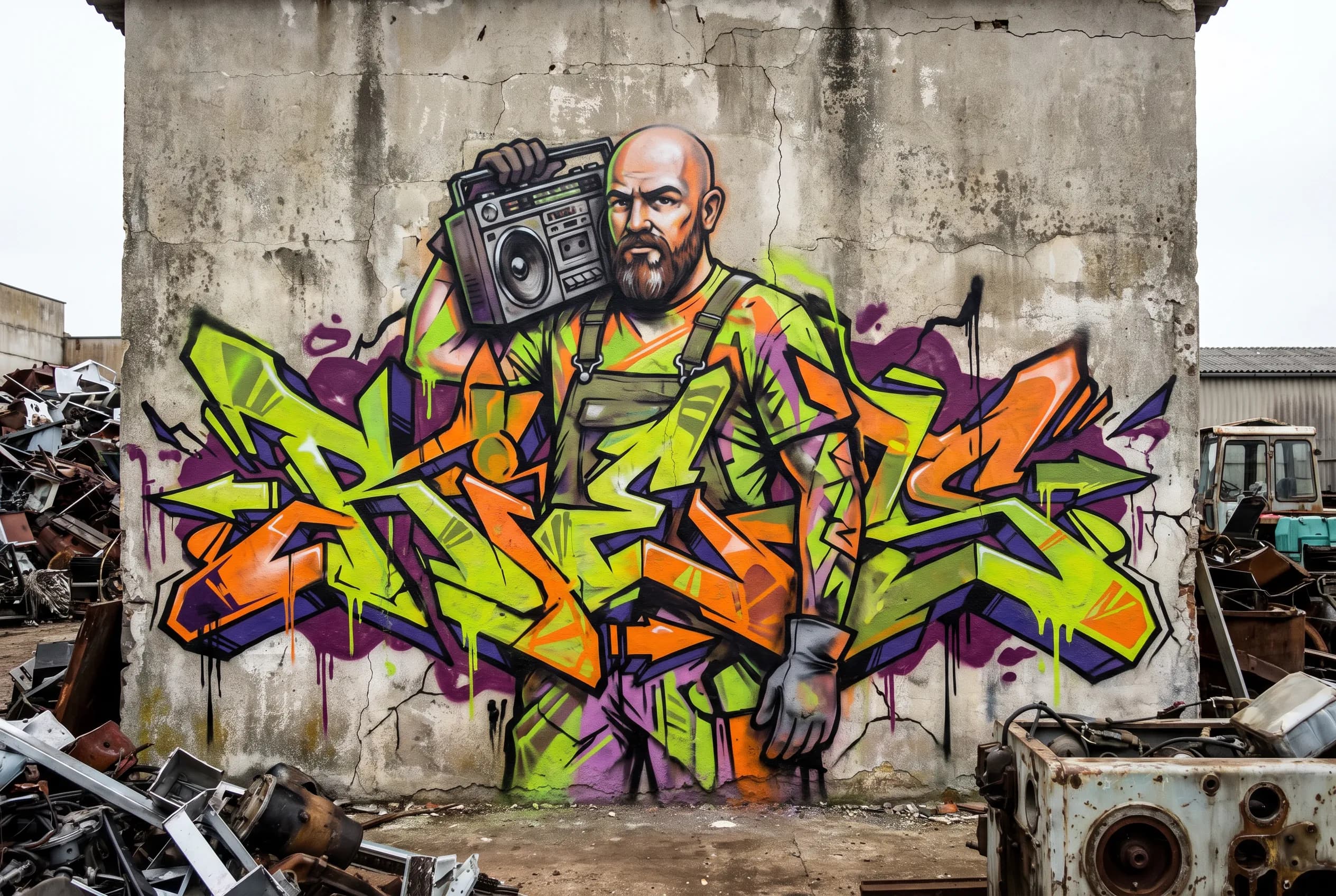 Spray-paint mural of an adult scrapyard mechanic with a boombox on a concrete wall, Gachiakuta art style