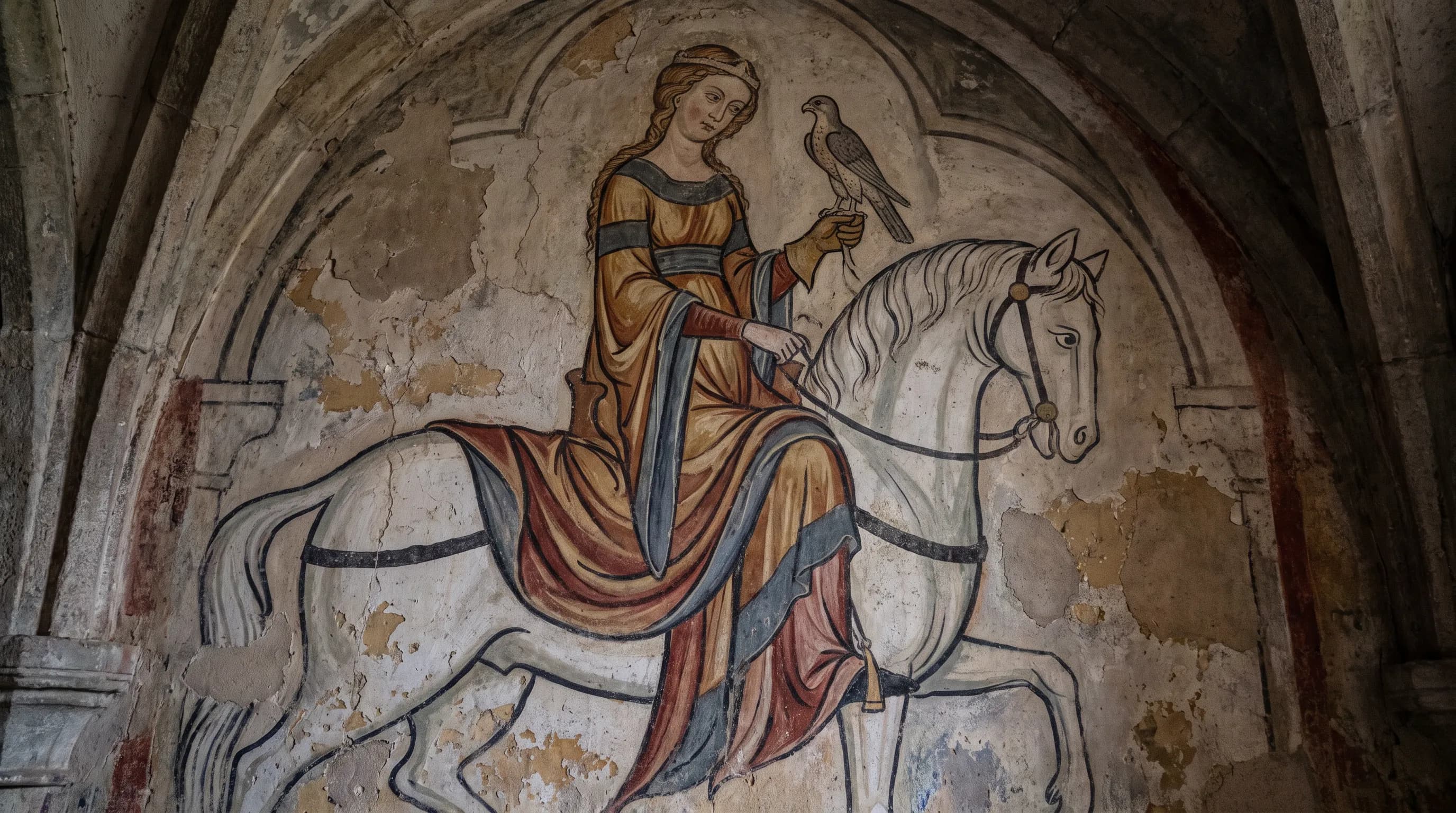 Romanesque wall painting of a noblewoman falconer on a white horse in a castle hall, medieval art style