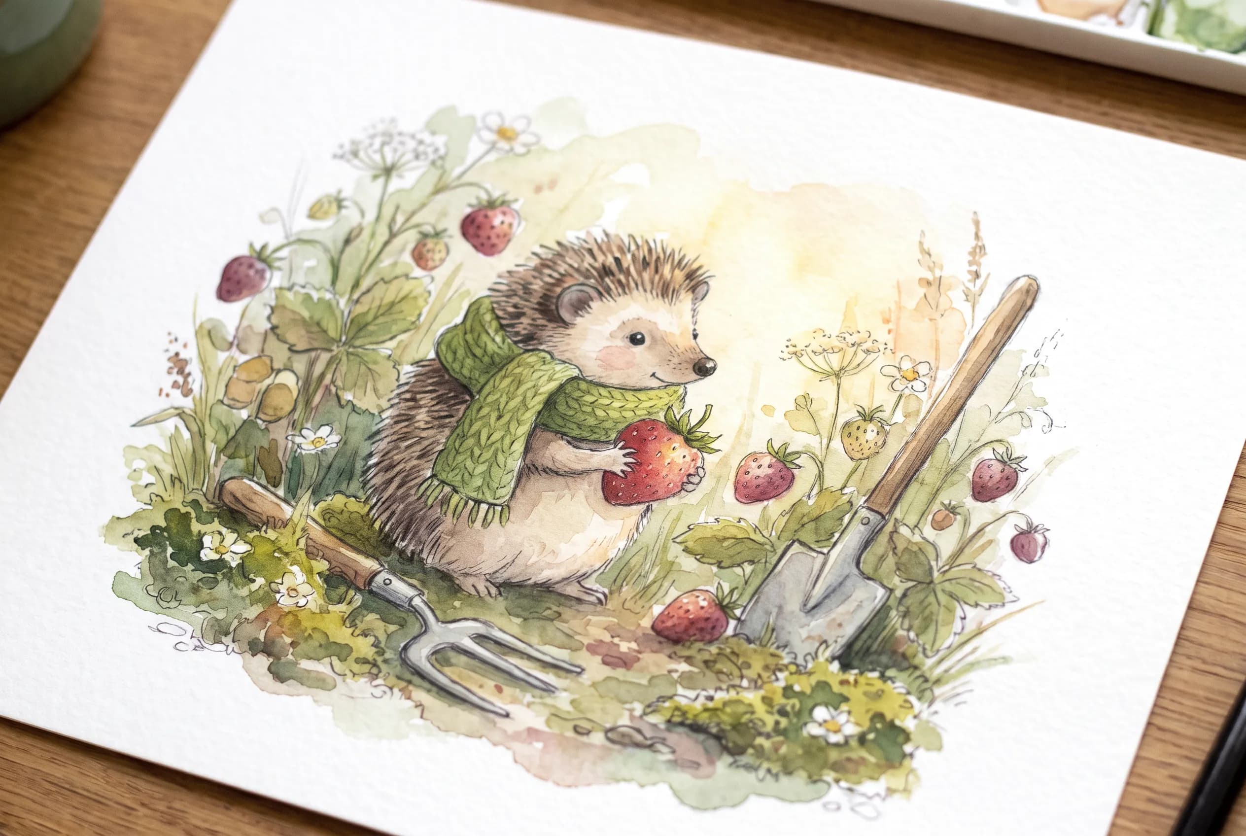Storybook watercolor of a little hedgehog in a knitted green scarf holding a strawberry in a garden patch