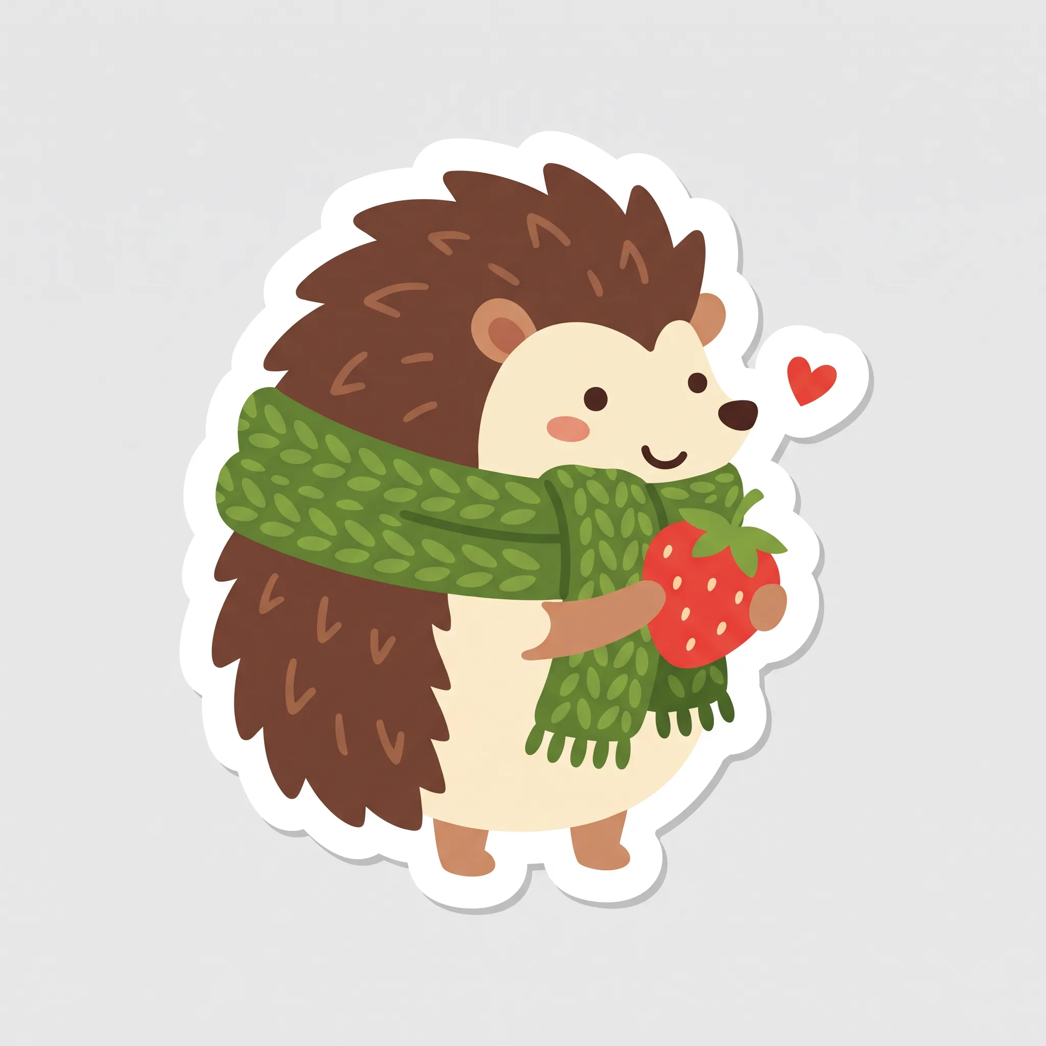 Flat sticker design of a little hedgehog in a knitted green scarf holding a strawberry