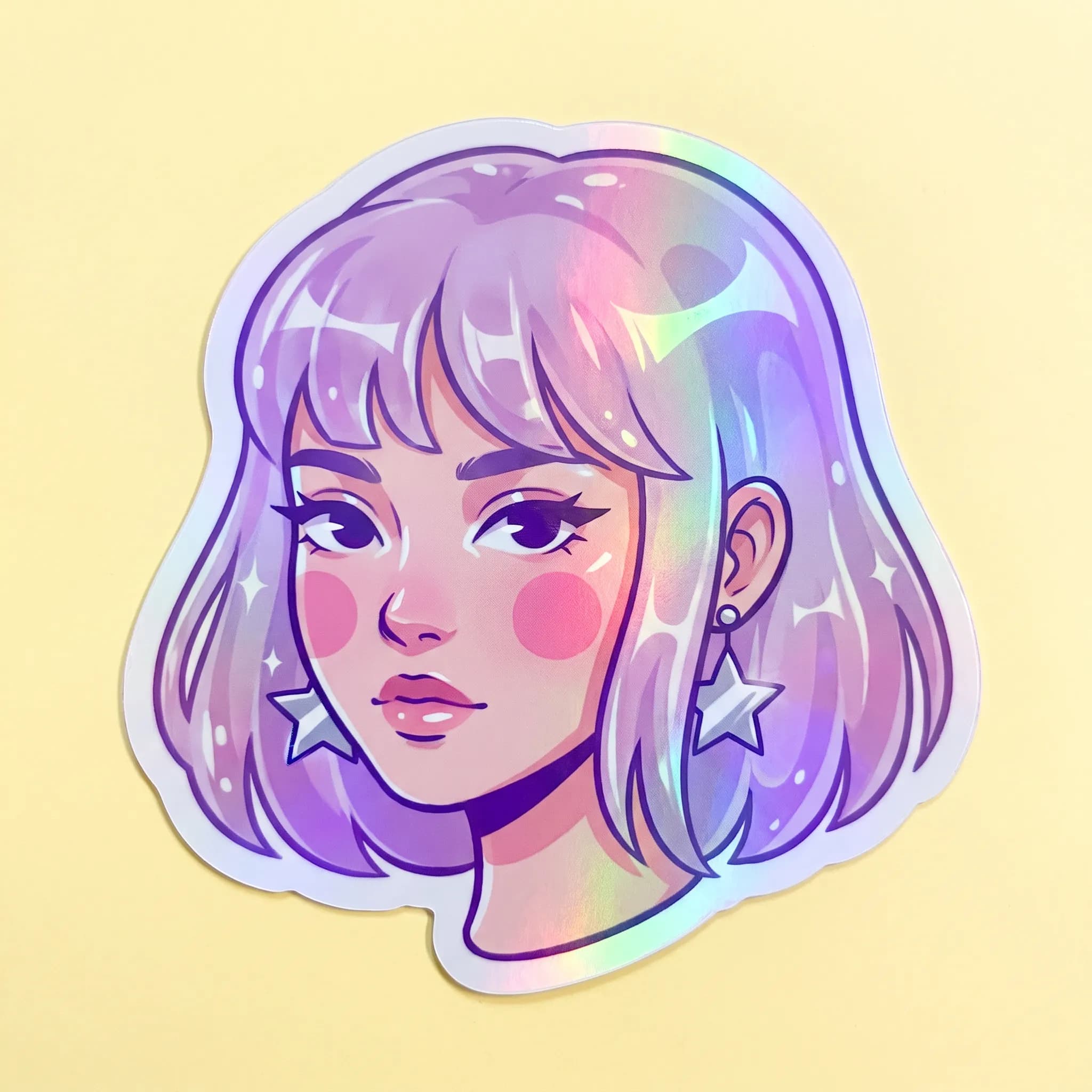 Die-cut glossy sticker of a young woman with a lilac bob and silver star earrings in jelly art style
