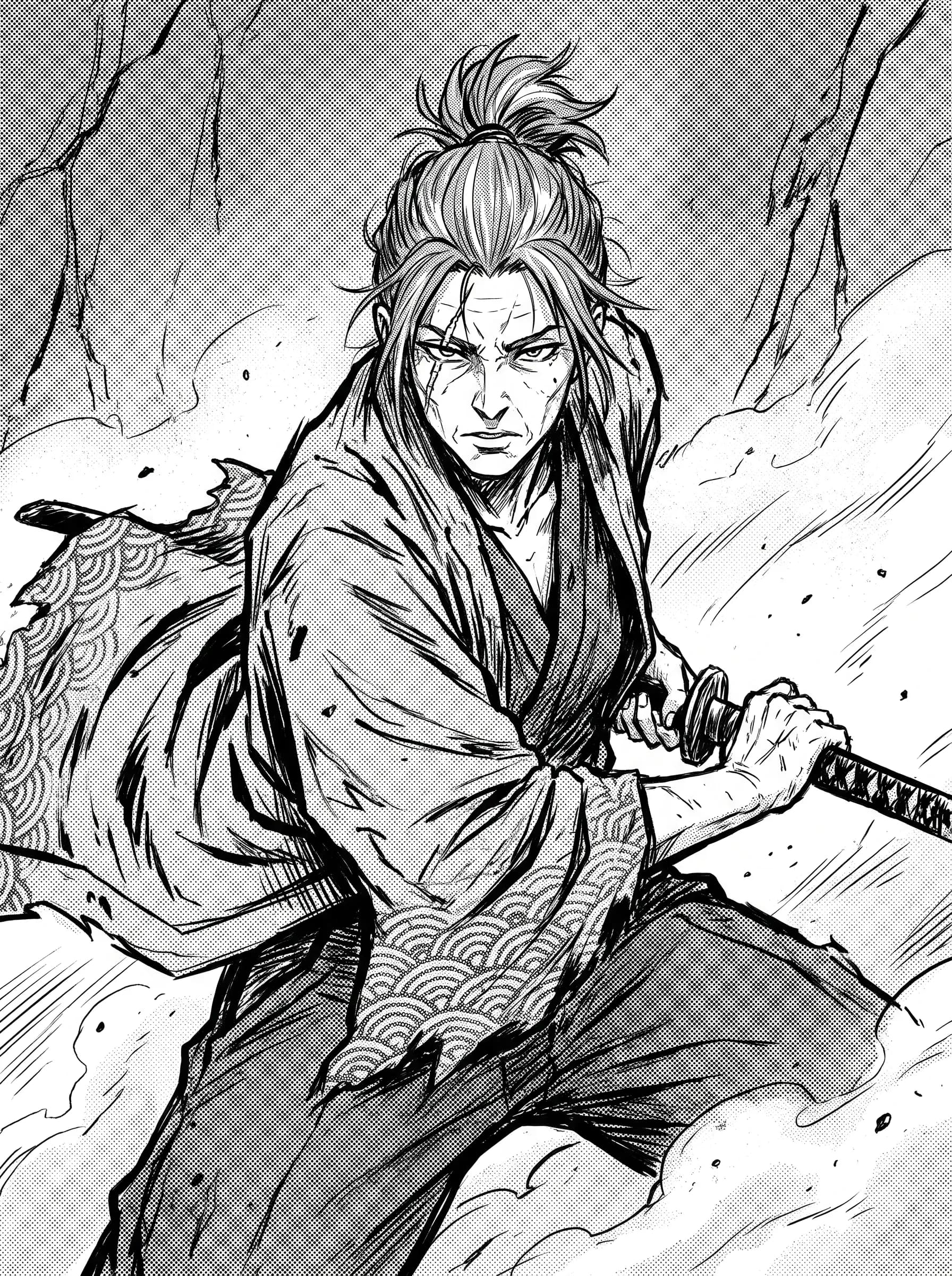 Black and white manga panel of a scarred swordswoman in her forties, Demon Slayer art style