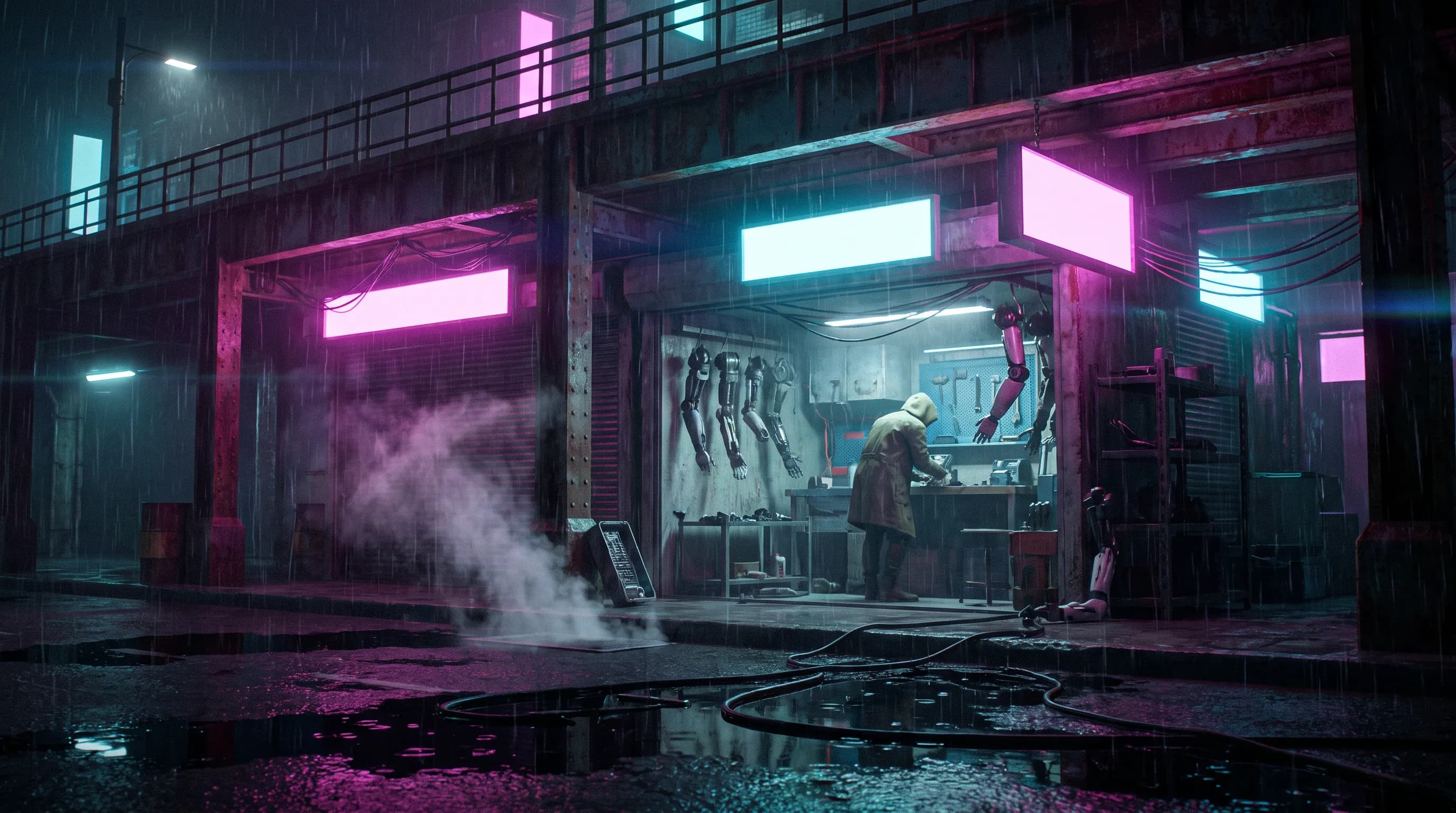 Cramped cybernetic arm repair stall under an elevated rail line in heavy rain, cinematic film still in cyberpunk art style