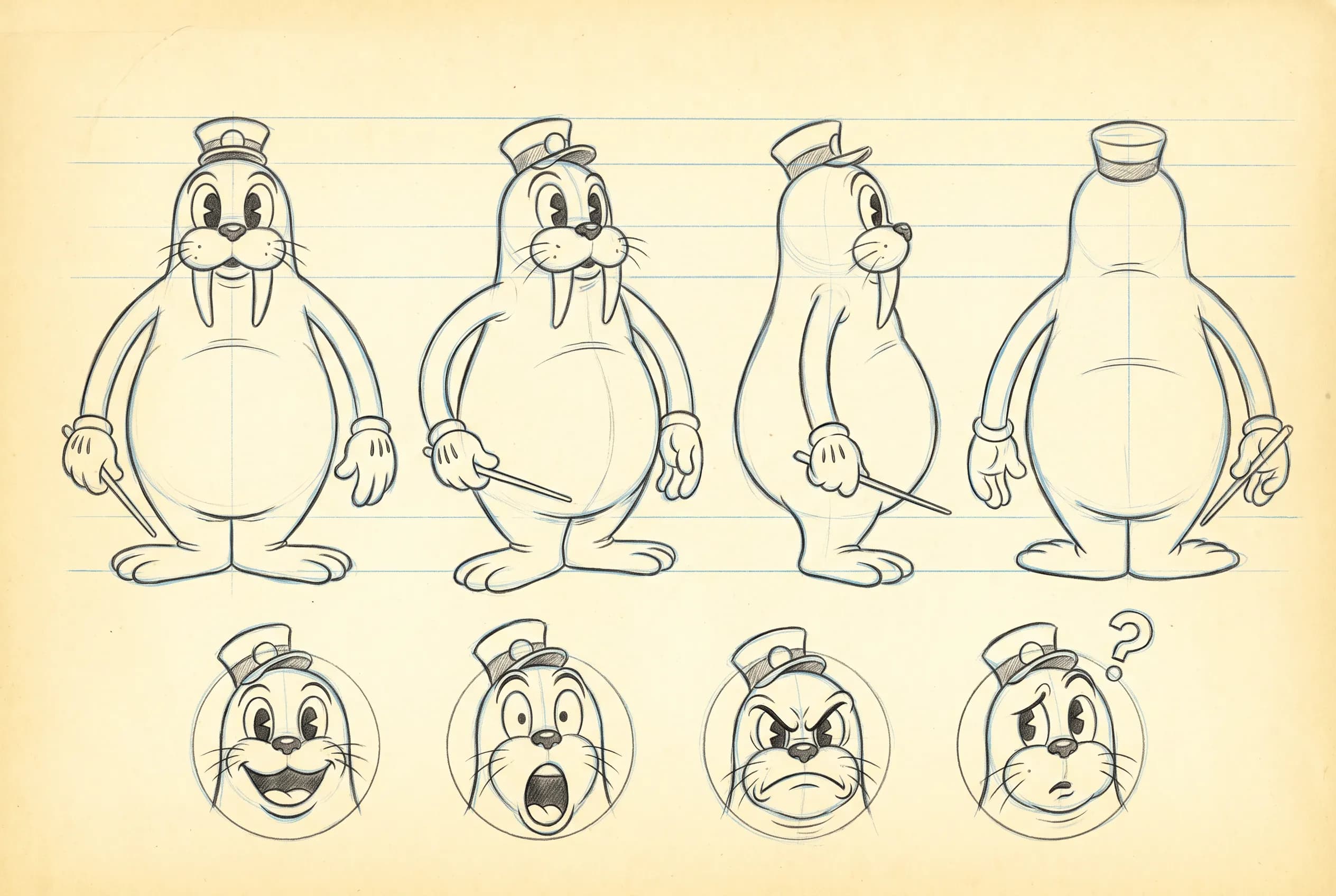 Pencil model sheet with turnaround views of a walrus bandleader in rubber hose art style