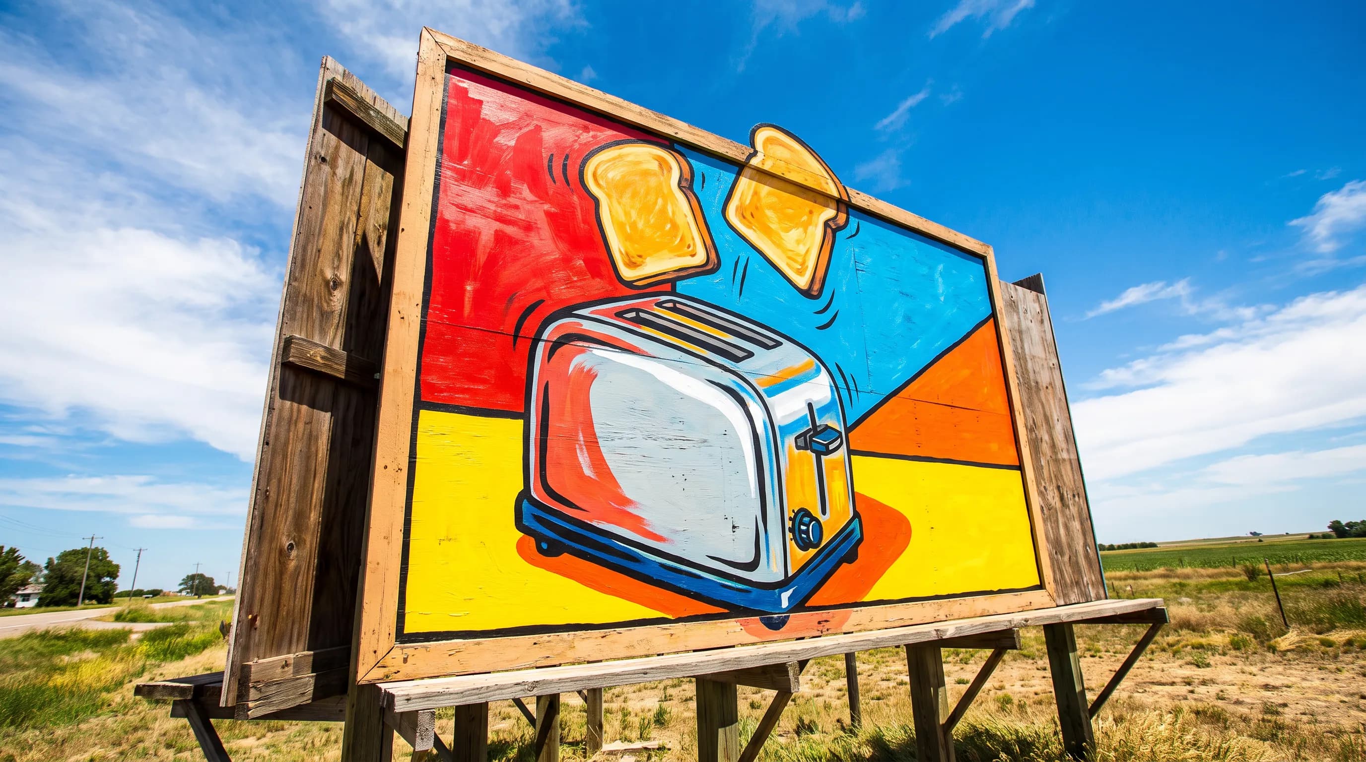 Hand-painted roadside billboard of a chrome pop-up toaster with toast mid-jump