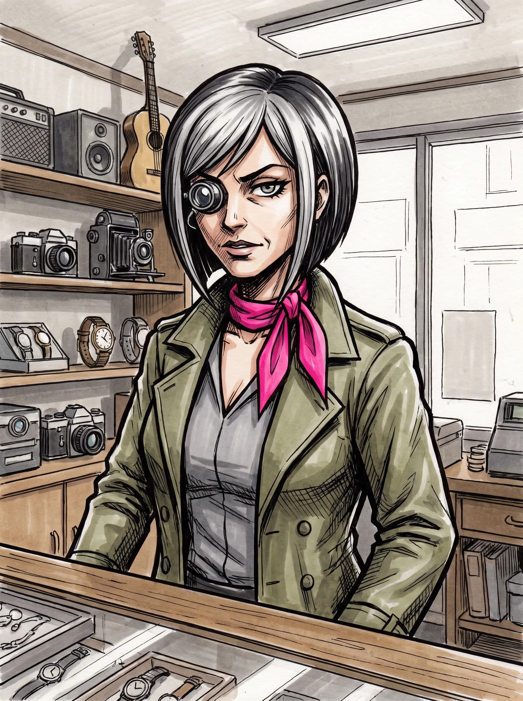 Ink and marker drawing of a pawnbroker with a jeweler's loupe, Danganronpa art style