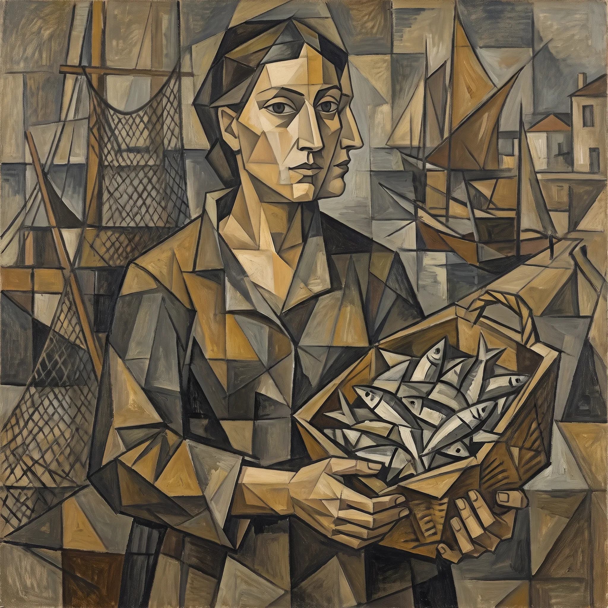 Analytical Cubist painting of a fisherwoman with a basket of sardines