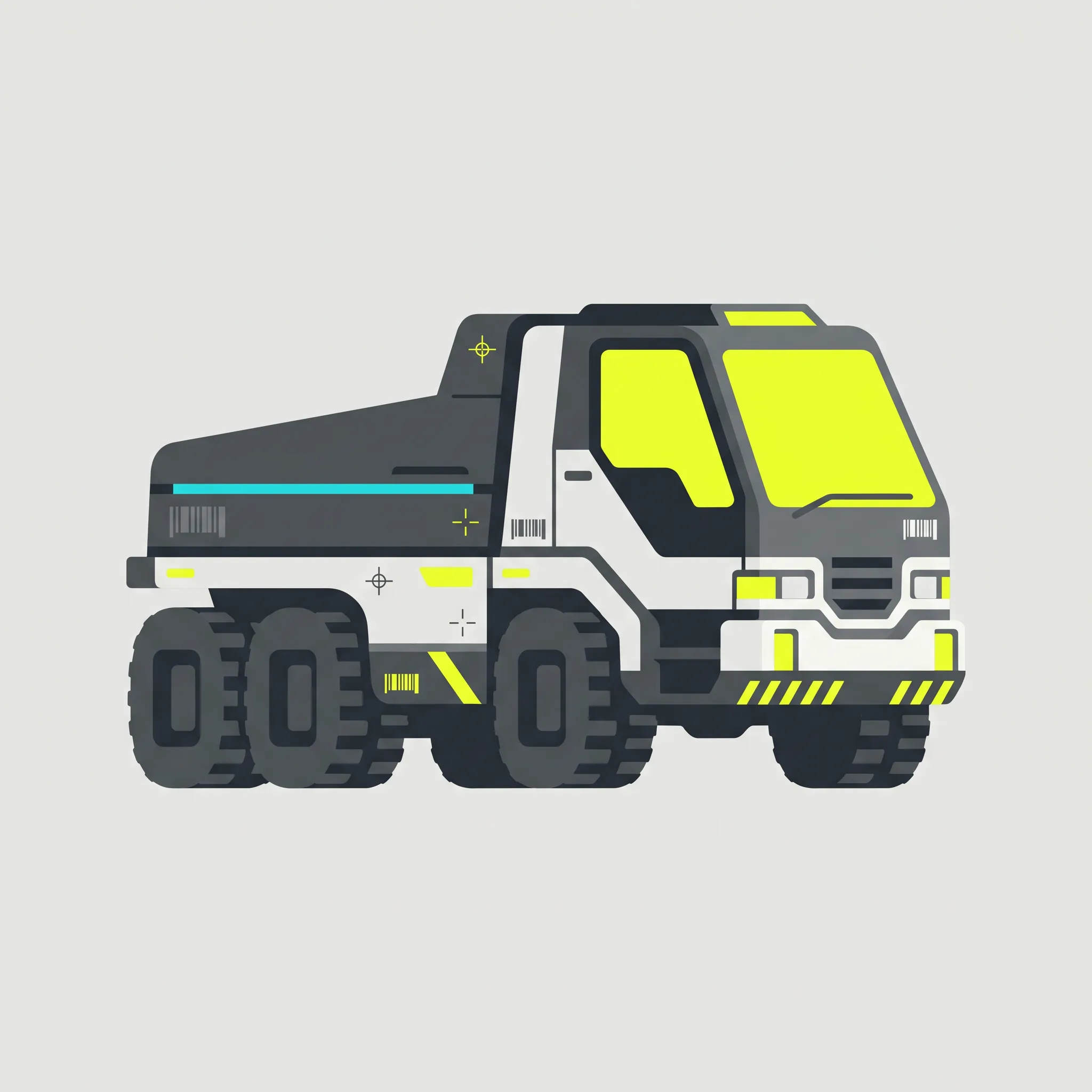 Six-wheeled cargo tug in three-quarter view with flat graphite, white, yellow and cyan fills, vector illustration in Marathon art style