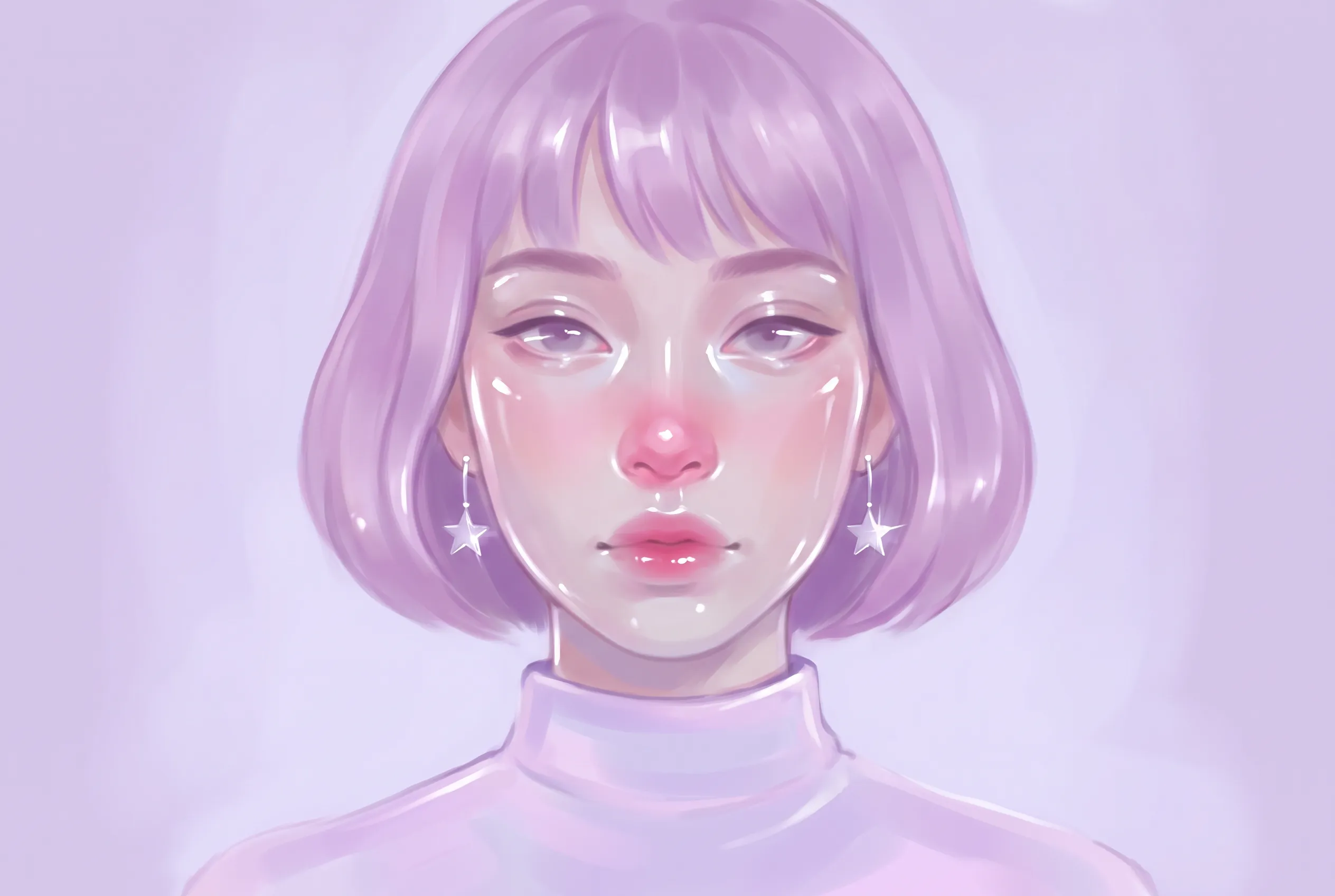 Jelly art style digital painting of a young woman with a lilac bob and silver star earrings