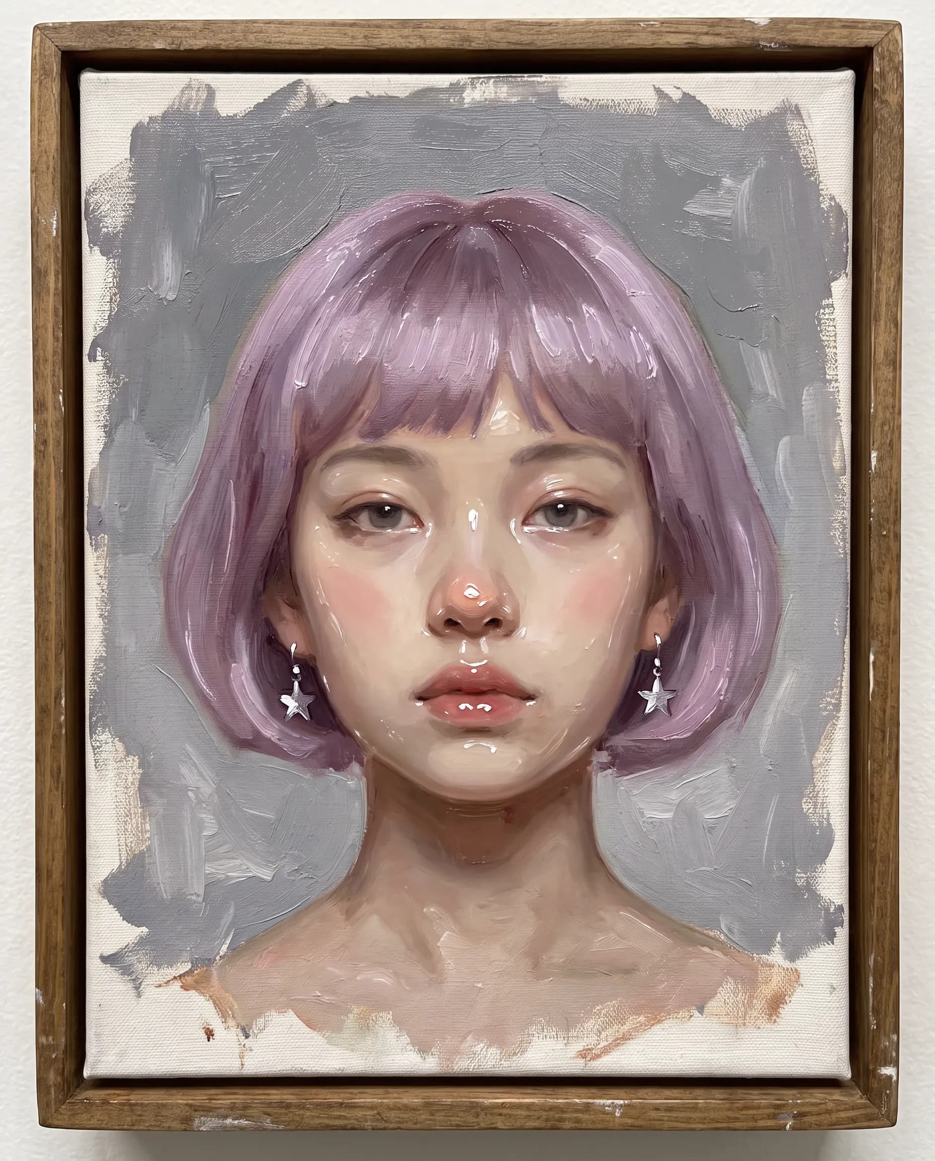 Small oil painting on canvas of a young woman with a lilac bob and silver star earrings