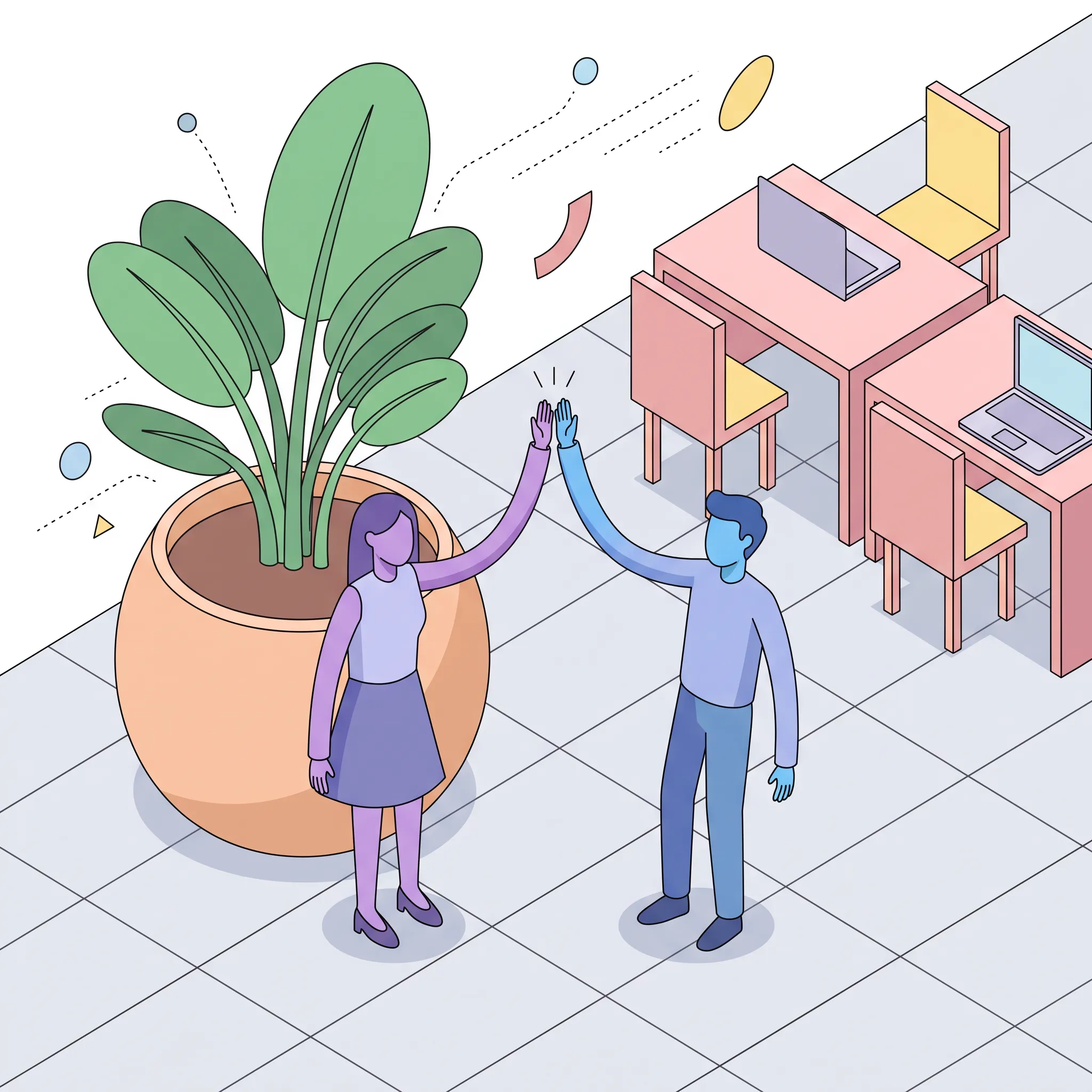 Isometric illustration of two coworkers with purple and blue skin high-fiving beside a giant potted plant in an open office