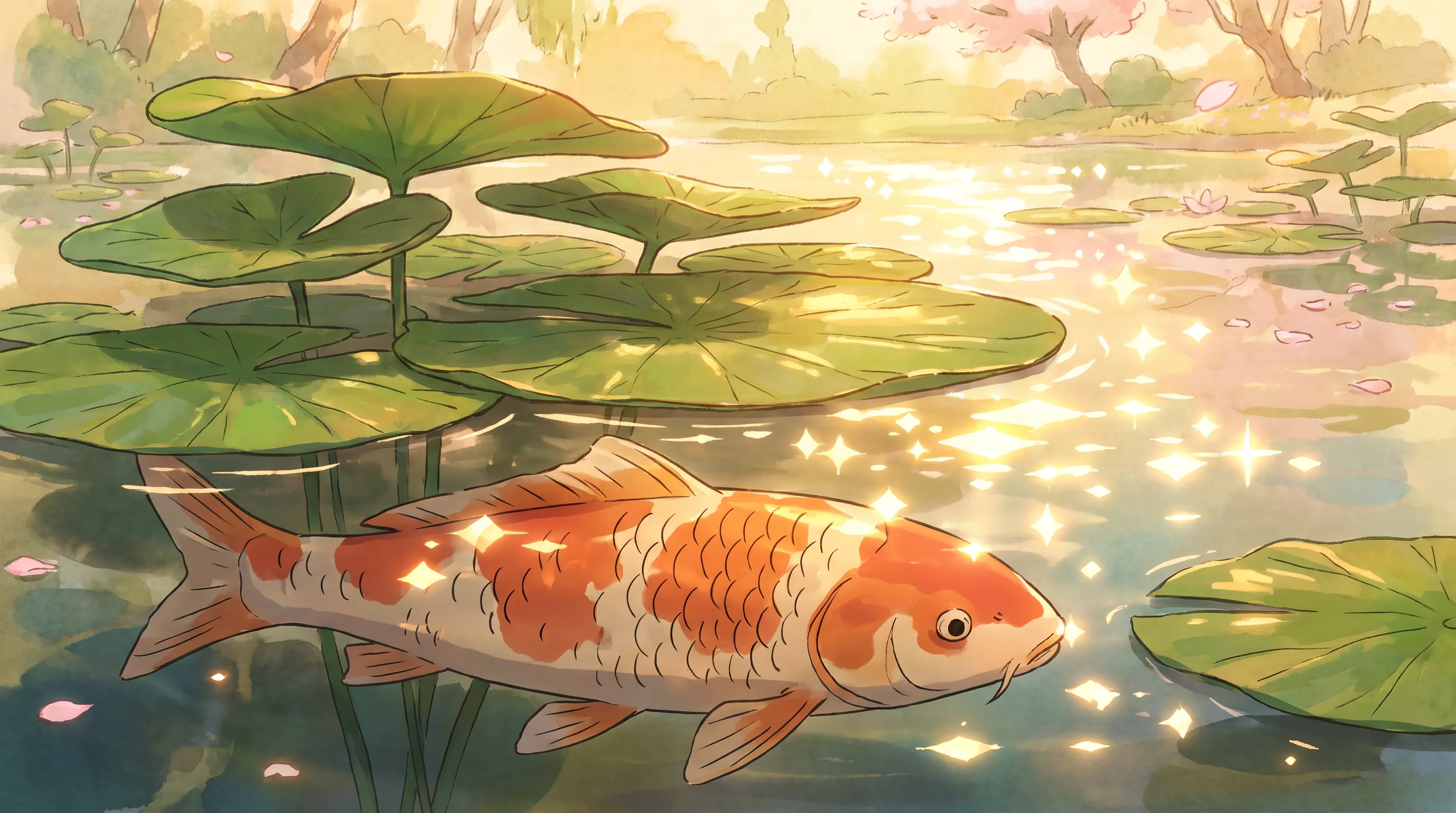Anime film still of an orange-and-white koi gliding under lily pads at golden hour