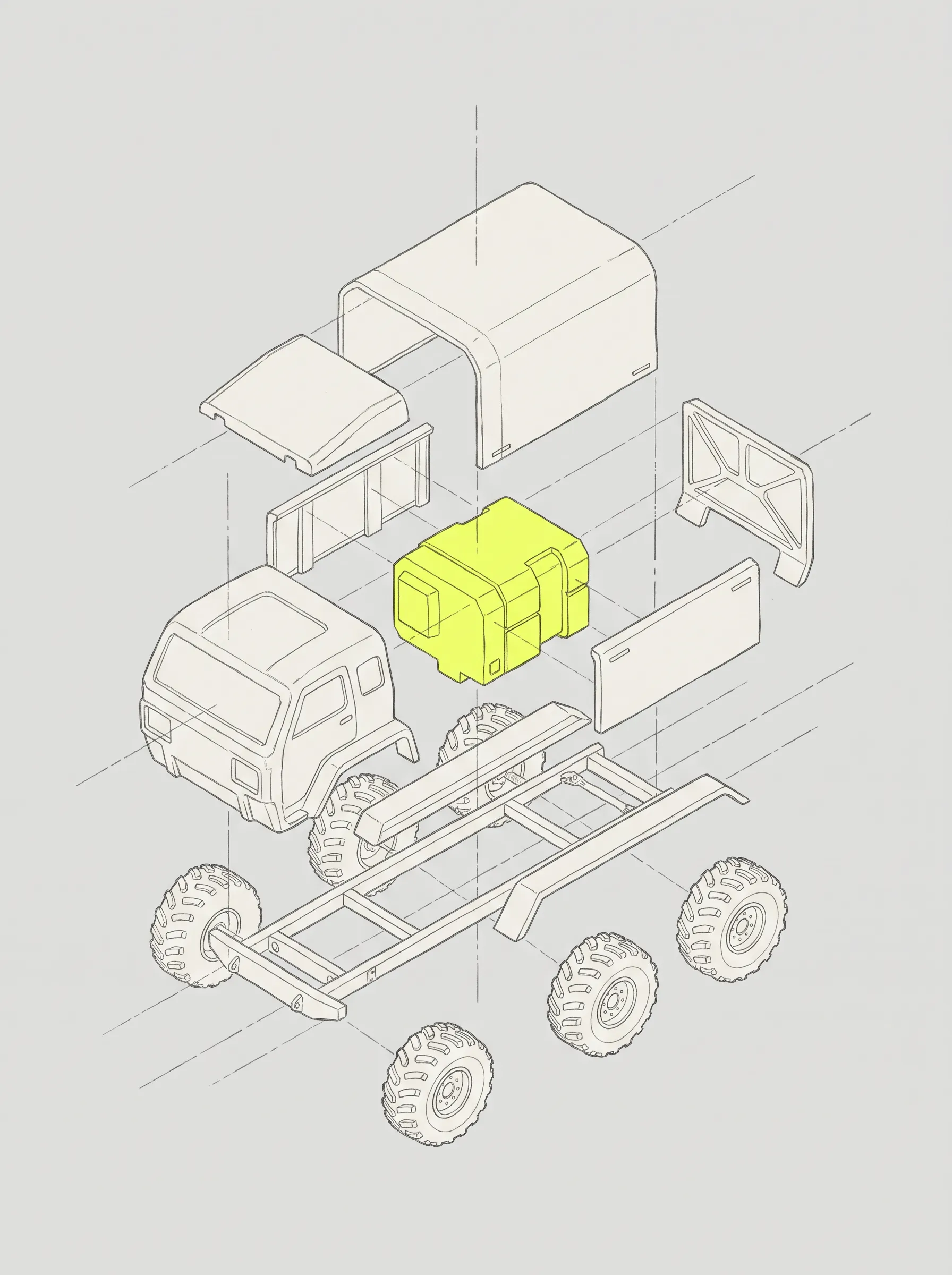 Exploded view of a six-wheeled cargo tug with off-white parts and one yellow module, technical illustration in Marathon art style