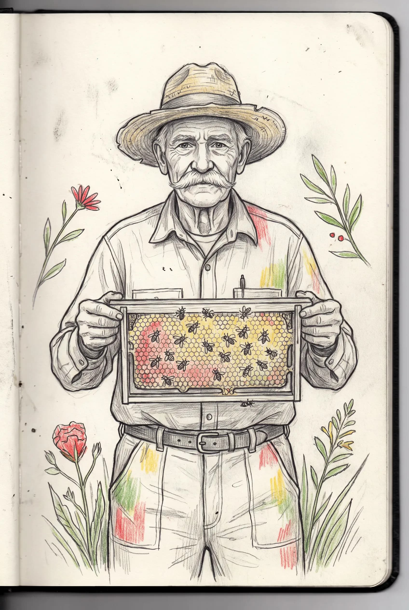 Graphite and colored pencil study of an elderly beekeeper with a honeycomb, Frida Kahlo art style