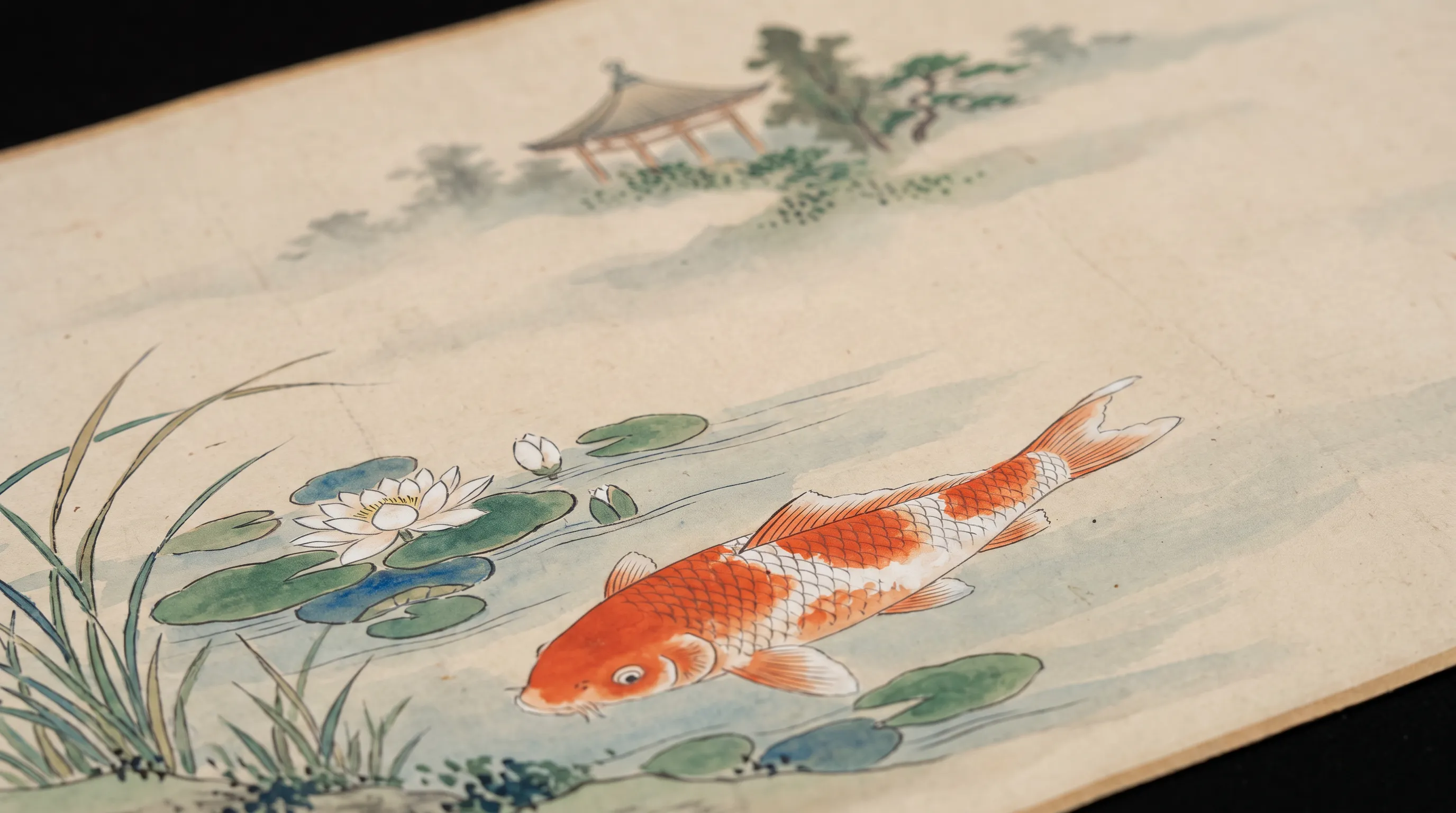 Yamato-e handscroll section of an orange-and-white koi in a garden pond