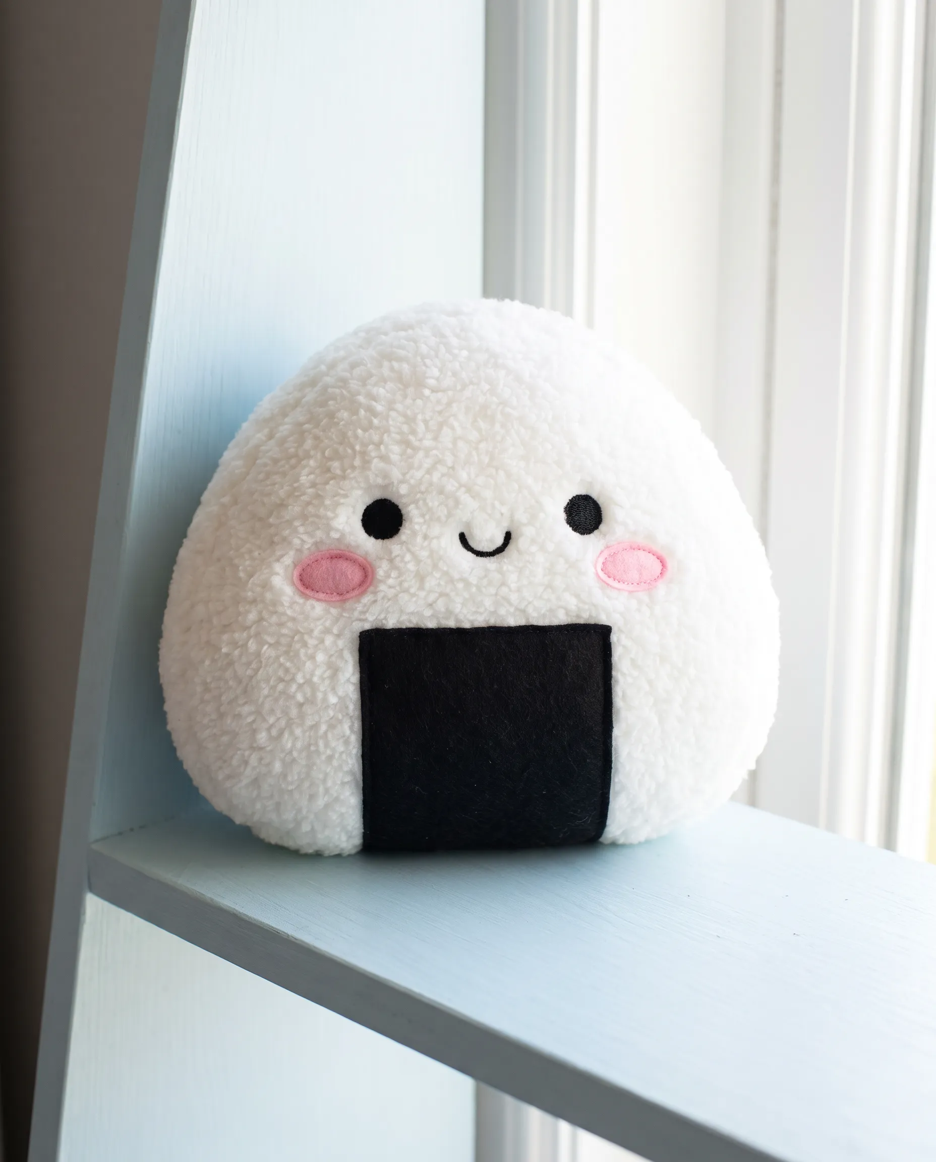 Plush toy of a round onigiri rice ball mascot on a pale blue shelf, kawaii art style