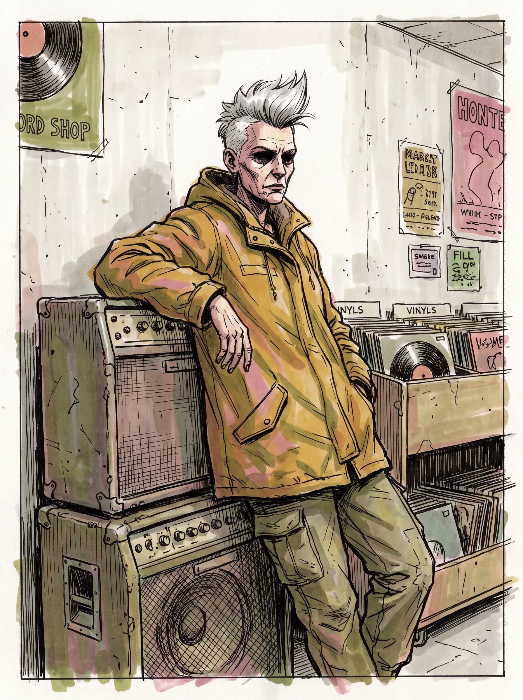 Record-shop owner with a silver quiff leaning on amplifiers, alcohol marker illustration in the Gorillaz art style