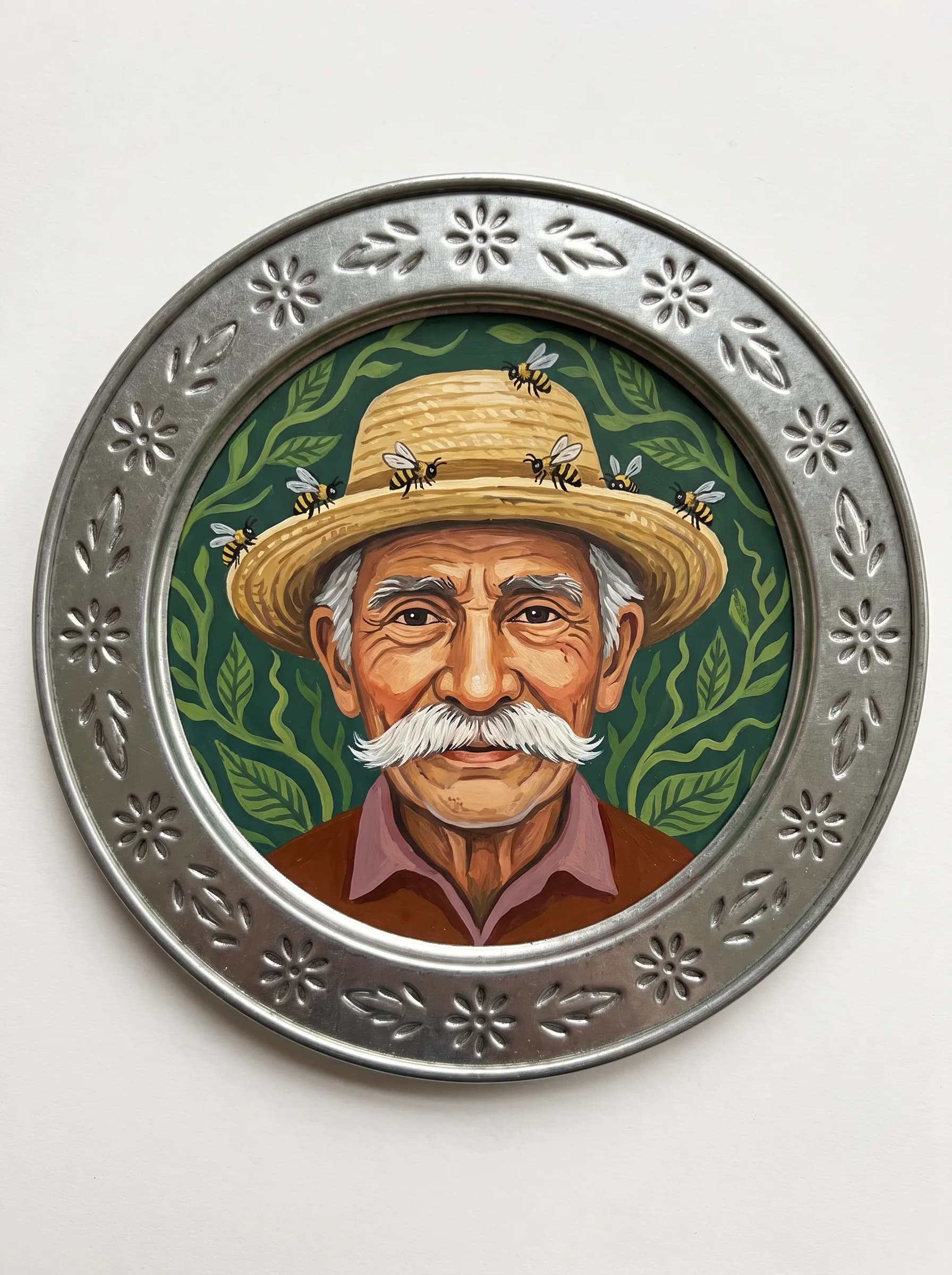 Gouache miniature of an elderly beekeeper in a pressed tin frame, Frida Kahlo art style