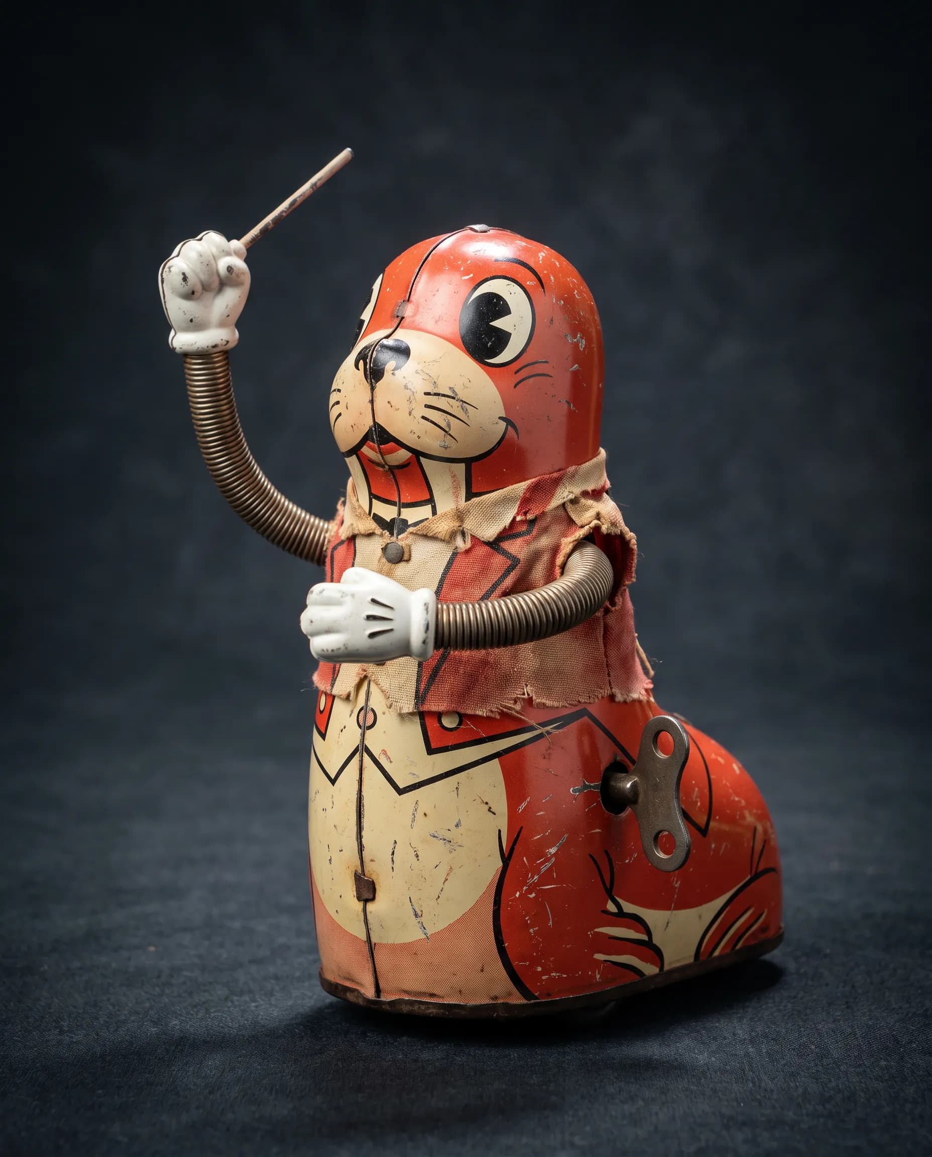 Wind-up tin toy of a walrus bandleader with bendy arms, rubber hose art style