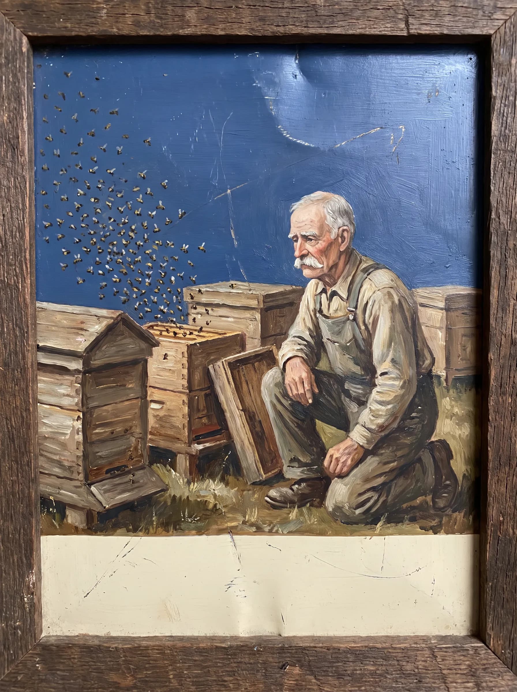 Ex-voto painting on tin of an elderly beekeeper kneeling by his hives, Frida Kahlo art style