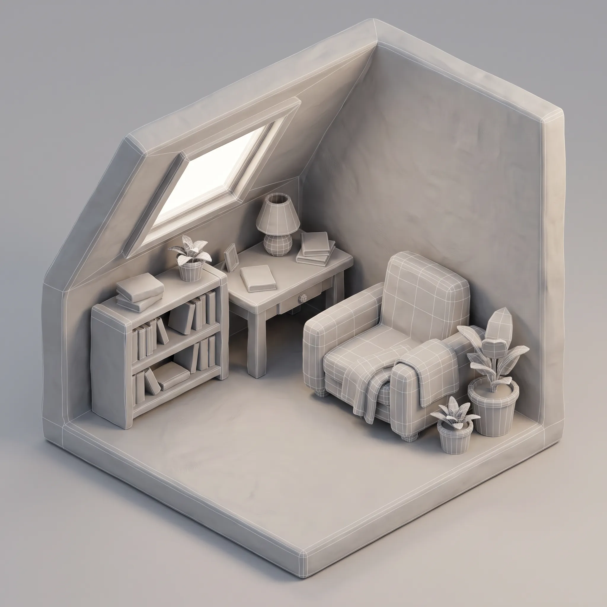 Gray clay render with wireframe edges of a cozy attic reading nook, low poly art style