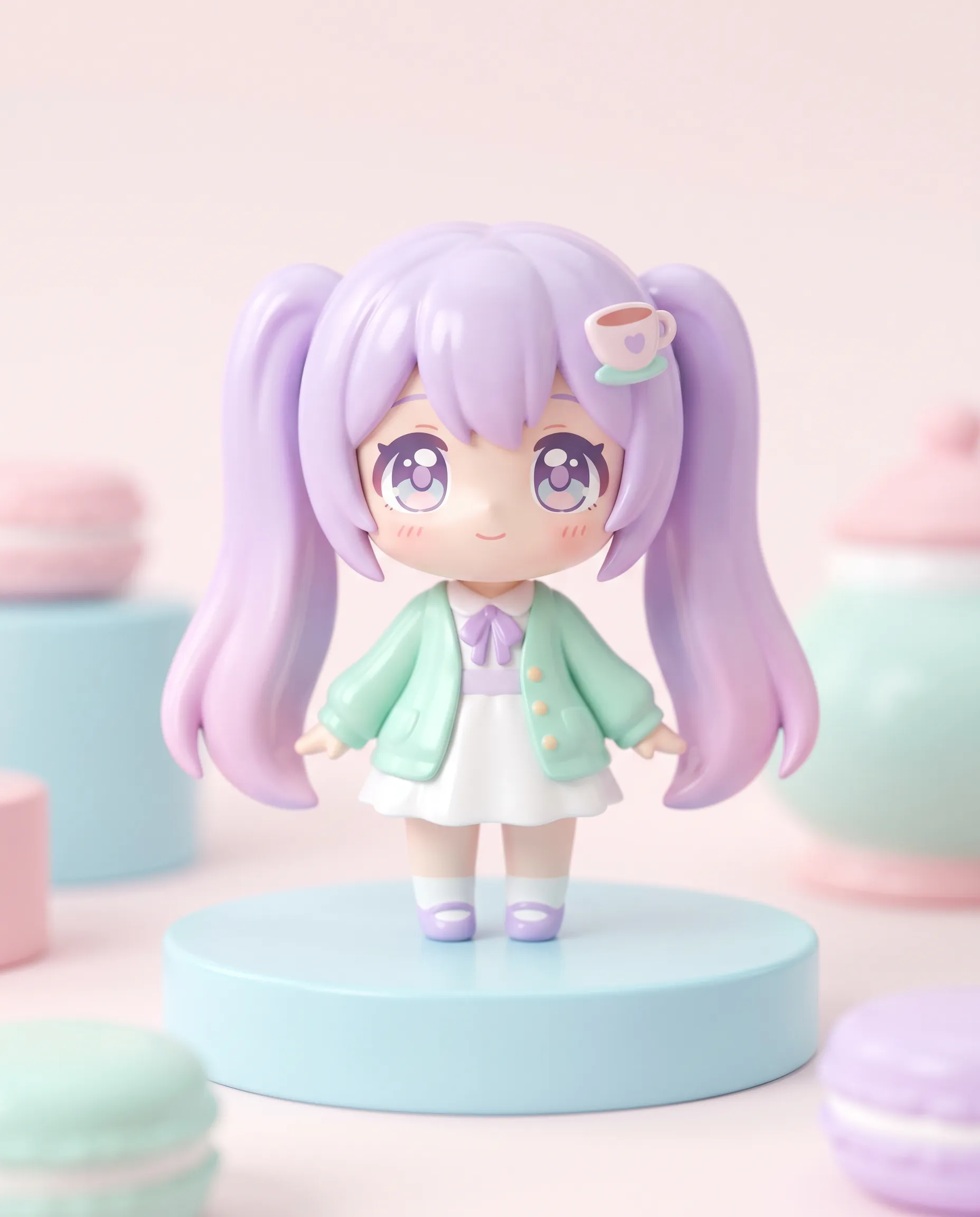 Small vinyl figure of an original tea-shop mascot in moe art style on a round display stand