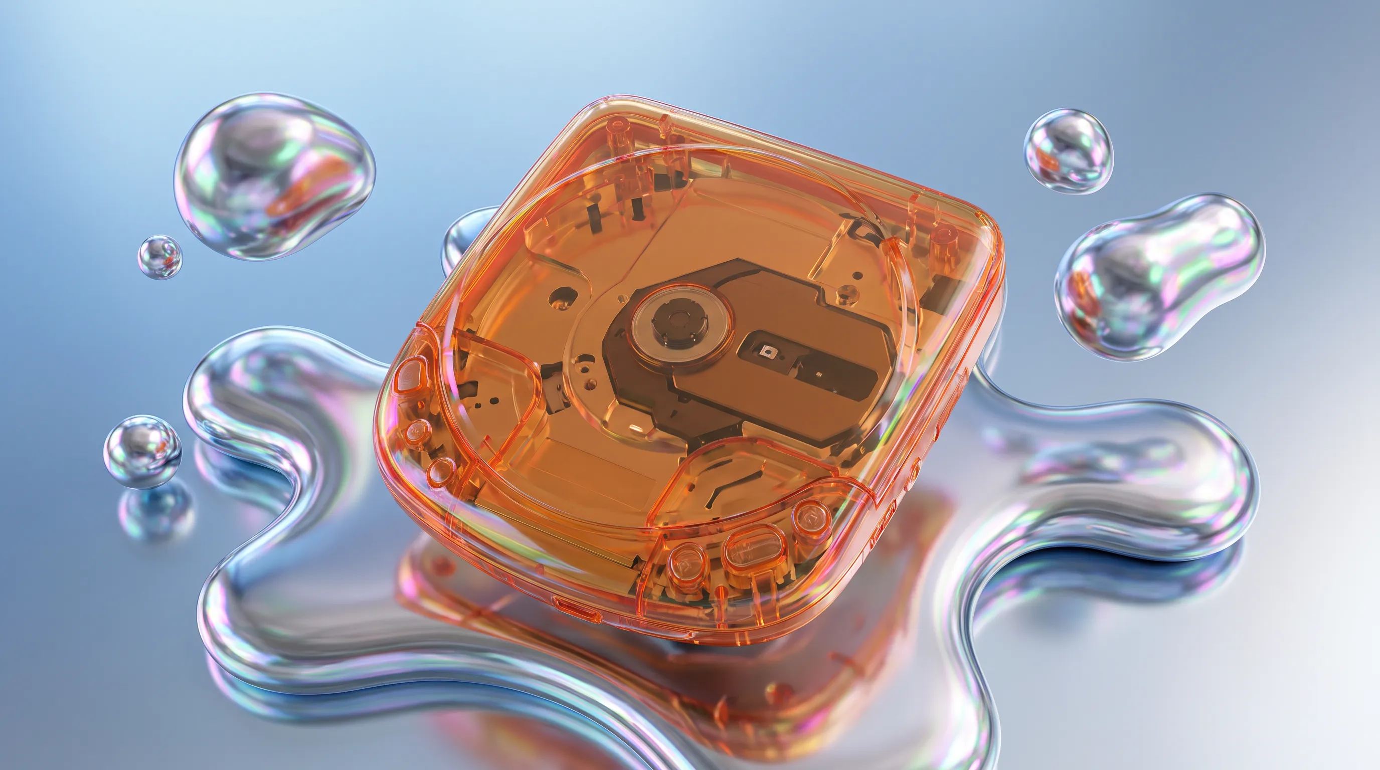 Glossy 3D render of a translucent tangerine portable CD player over liquid chrome blobs, Y2K art style